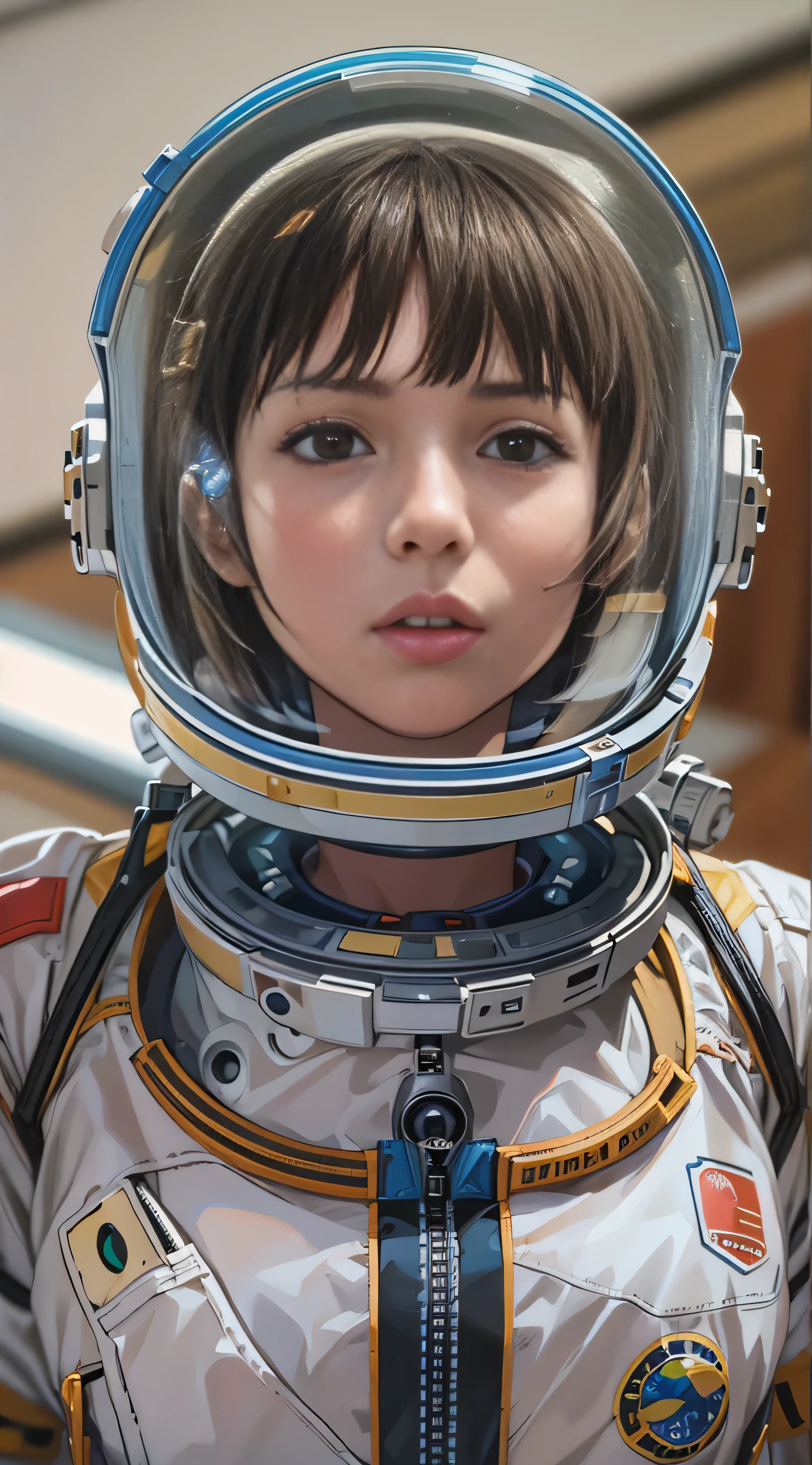  in high-definition images，T-Shirts,  comments, , ( Photorealistic:1.4), ( top quality:1.0), ( super high resolution :1.0), 8k, Spacesuit pictures , (masterpiece:0.2), , Did G,  1 girl,  detailed skin,  watching viewers,  brown eyes, ( short hair with bangs :1.2), (  Marionette ), ( face details), outer space  , (PureErosFace_v1:0.5)