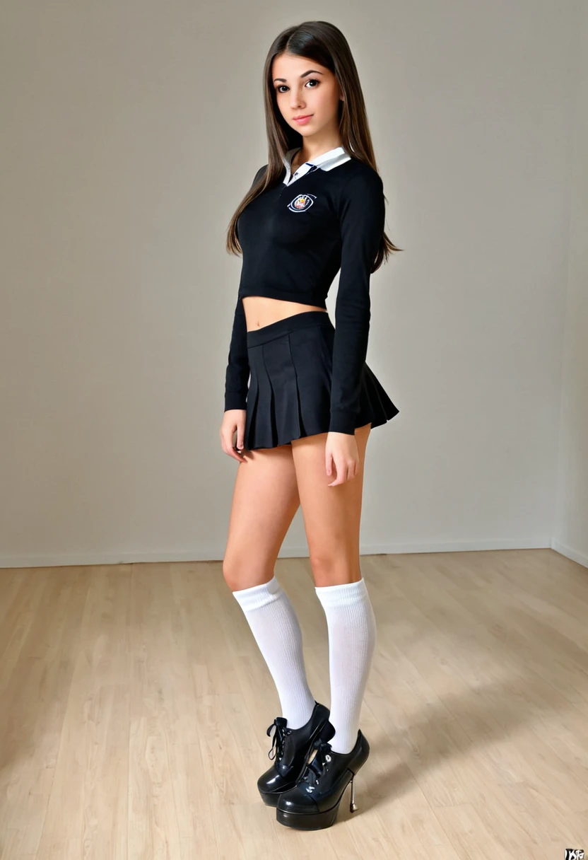 ( 1.5), European teen, brunette teen, teen cute face, white skin, girl beautiful face, beautiful baby girl, medium Breasts, Long Legs, fitness body, (sexy school girl outfit 1.5), naked torso, (black Tiny mini Skirt 1.5), (show legs and thighs), black platform straps high heels, white knee high socks, Slim sexy long legs, modeling, medium Angle Shot, Full Body lust, sexy Slim body, (sexy squat position 1.5), ass and thighs showing, New York, United States, ray tracing, HDR