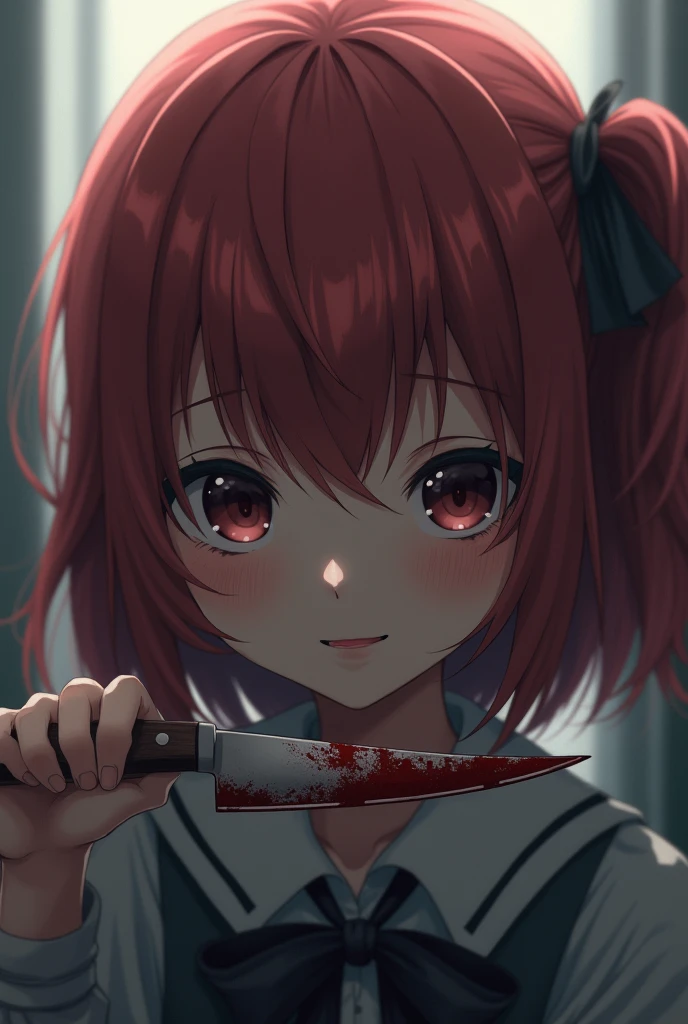 Unpleasant smile of a girl who loves knives in a school classroom、Niccoli holding a survival knife in one hand、Psychopath horror、Red-haired、Eye color is blue