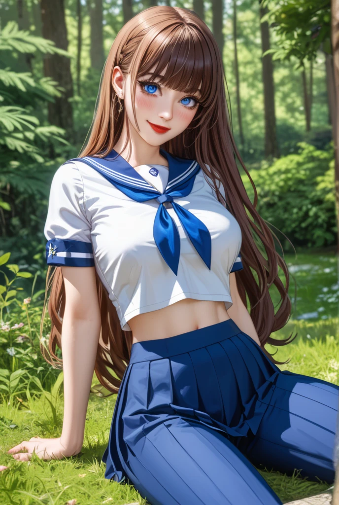 
最 high image quality, masterpiece, 4K,  high image quality,  super high resolution ,  of the prairie , CG drawing（ one cool adult female swordsman ）Deep Forest、 in the grass 、 1 female swordsman 、Yes 、
 Hair、Brown Hair、 Hairstyle、、 straight。 long hair。Separate the bangs yes 。Tall、 slender、（Sexually、Attractive body）
 （ slender 、Long, sharp eyes、 very long eyelashes ）（ blue eyes。Delicate eyes、  beautiful eyes、 beautiful 、 red lips。（（ sharp body in the middle 、））（Big Boobs、 seductive thighs 。） Constricted 、 Tight Waist 。
、lipstick、 Completely-valid。） （Perfect、 beautiful eyes）（（In short sleeves、Short sailor suit、 belly button out。 super short with an inseam, 60 cm above the knee 、Pants、, a navy blue mini pleated skirt that looks like you can see、））
 sexy、Posing）（ blush your cheeks bright red、 has a condescending smile 、Floating Yes ）
 biologically 、Correct body