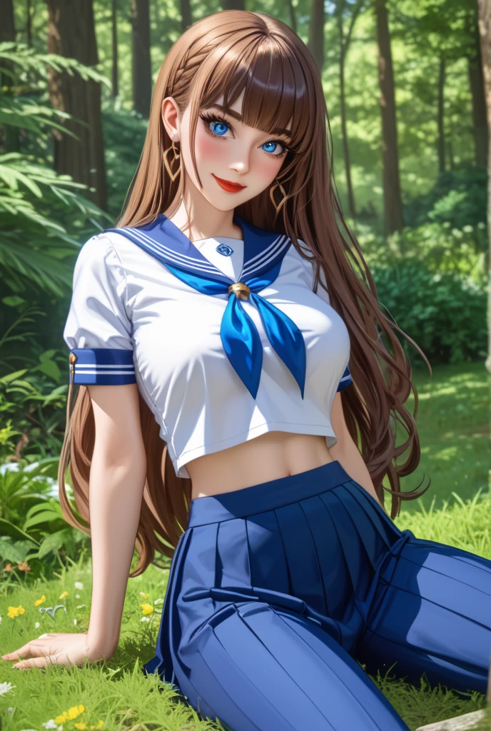 
最 high image quality, masterpiece, 4K,  high image quality,  super high resolution ,  of the prairie , CG drawing（ one cool adult female swordsman ）Deep Forest、 in the grass 、 1 female swordsman 、Yes 、
 Hair、Brown Hair、 Hairstyle、、 straight。 long hair。Separate the bangs yes 。Tall、 slender、（Sexually、Attractive body）
 （ slender 、Long, sharp eyes、 very long eyelashes ）（ blue eyes。Delicate eyes、  beautiful eyes、 beautiful 、 red lips。（（ sharp body in the middle 、））（Big Boobs、 seductive thighs 。） Constricted 、 Tight Waist 。
、lipstick、 Completely-valid。） （Perfect、 beautiful eyes）（（In short sleeves、Short sailor suit、 belly button out。 super short with an inseam, 60 cm above the knee 、Pants、, a navy blue mini pleated skirt that looks like you can see、））
 sexy、Posing）（ blush your cheeks bright red、 has a condescending smile 、Floating Yes ）
 biologically 、Correct body