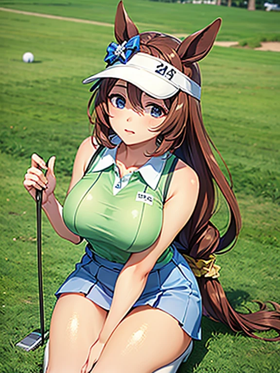 (((Masterpiece，highest quality，Highest quality，8k))),((Ultra-high resolution，Extremely detailed)),(Draw in detail),Hyper Quality，Beautiful Japanese woman in golf wear, super creek \(umamusume\)，detailed bodyline，Golf course,Professional Golfer,Golf club，Beauty，sexy，glamorous, Large Breasts,G-Cup,Big Ass,Sun visor,Sleeveless Polo Shirt(Wearing clothes next to the skin)，mini skirt,Knee-high socks,squat,Get down on one knee，Live Action, Skirt flip, (A woman looking at the putting line on the green)