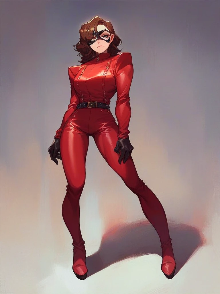 score_9, score_8_up, score_7_up, score_6_up, score_5_up, score_4_up, BREAK, 1girl, portrait of helenparr, brown hair, brown eyes, domino mask, long leather gloves, over knee high heel leather boots , red leather liengre, upper body, full height, looking at viewer  