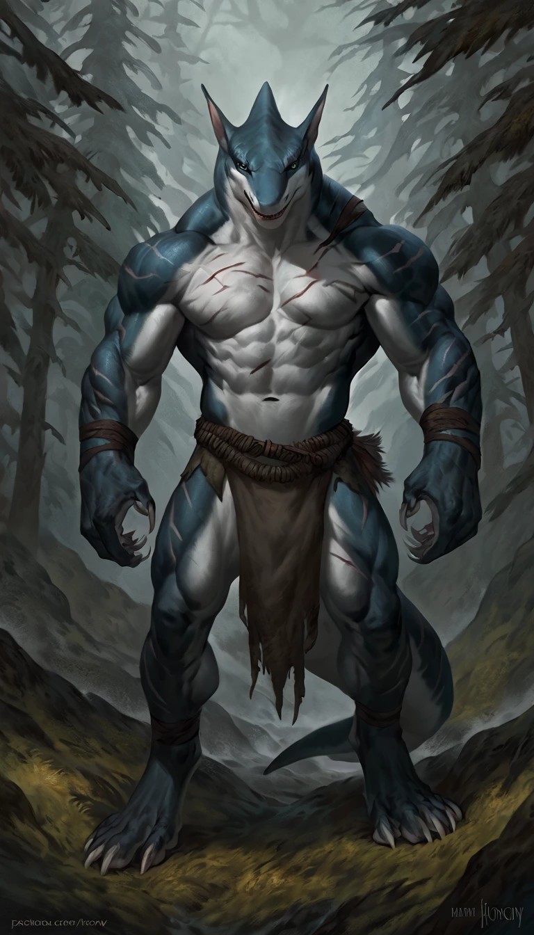 Muscular anthro shark, solo, fighter, scars on body, 1male solo, small waist, thick shark tail, marked detailed jaws, pants with loincloth, full body, comicbook style, best quality, 4k, ultra-detailed, by laobai, by taran fiddler, by honovy, by null-ghost, forest scenery, night, darkness