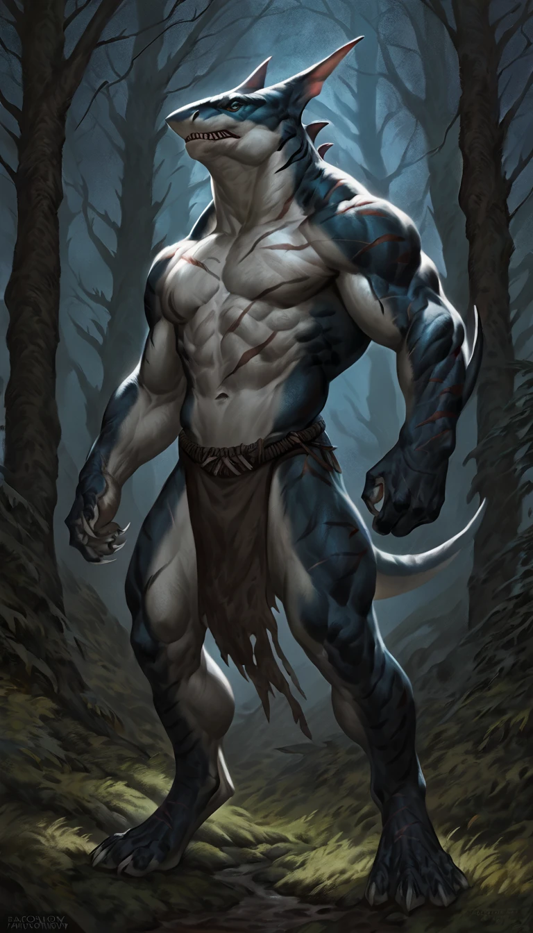 Muscular anthro shark, solo, fighter, scars on body, 1male solo, small waist, thick shark tail, marked detailed jaws, pants with loincloth, full body, comicbook style, best quality, 4k, ultra-detailed, by laobai, by taran fiddler, by honovy, by null-ghost, forest scenery, night, darkness