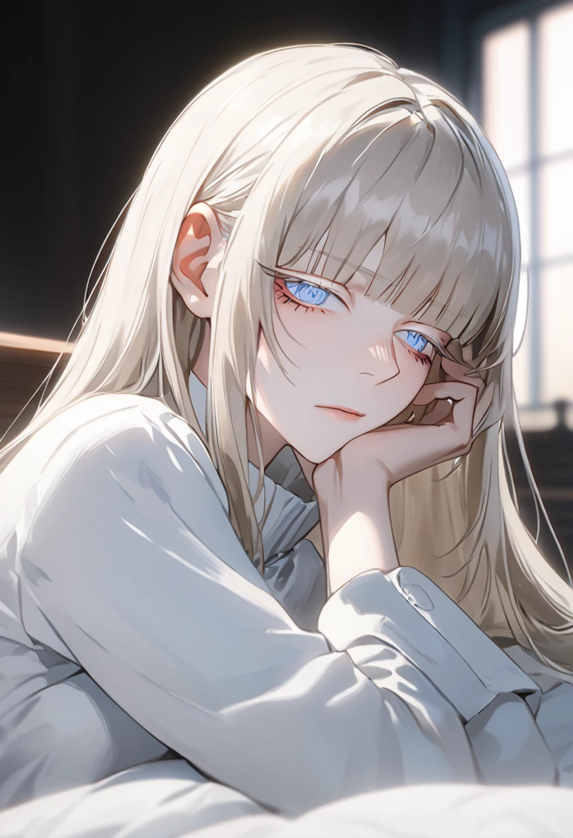 Anime style, 1 girl, 1 sexy girl, white pale skinned girl, porcelain skin, blue eyes, (HAIR: light blonde straight cut, long length, full bangs covering eyebrows, side framing fringe, extra long hair ) (BODY: flat chested, skinny, short )(best quality, 4k, 8k, highres, masterpiece:1.2), ultra-detailed, HDR, UHD, studio lighting, detailed eyes, ultra-fine painting, sharp focus, physically-based rendering, extreme detail description, professional, vivid colors, sleeping, in_an_opulent_bed, sleepy, laying_on_side, droopy_eyes, score_9, score_8_up, score_9_up, source_anime