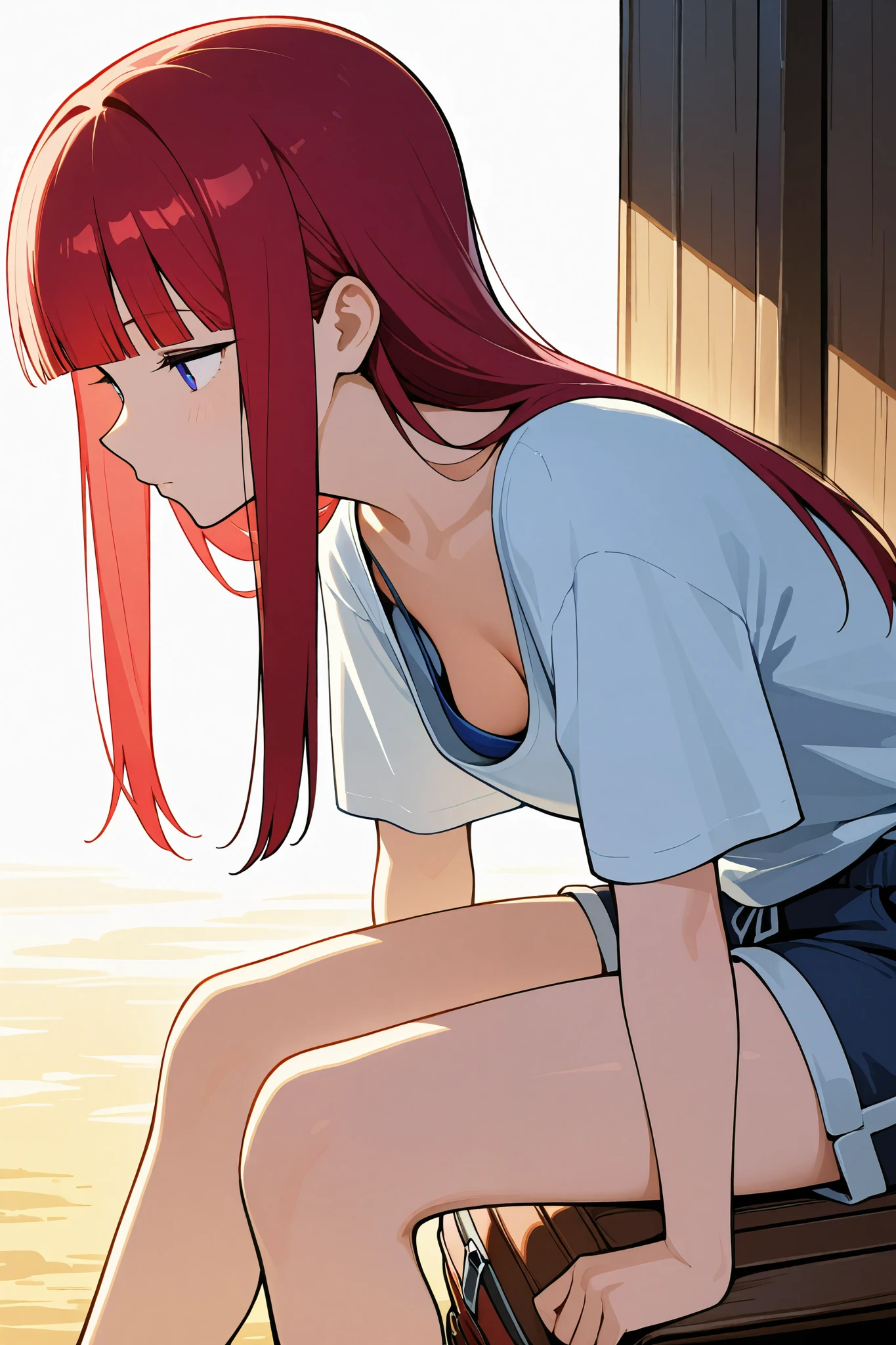 Woman slouching forward after organizing her luggage、downblouse、side view,Straight hair,Long hair ,Red Hair, blunt bangs,stable_Yogis_Animetoon_Negatives、hand , Shorts 、