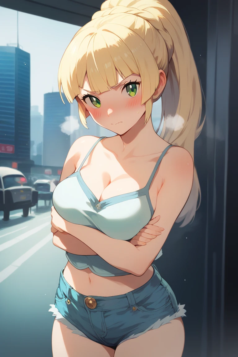 Lilie,megami magazine,long hair,blonde hair,ponytail,hair between eyes,blunt bangs,green eyes,medium breasts,
camisole, bare shoulders, cleavage, crop top, cutoffs, denim shorts, midriff, short shorts, spaghetti strap,
1girl,(is embarrassing,big blush,closed mouth,steam:1.0),
((standing,cowboy shot,looking at viewer,breast hold:1.2)),
(night city background:1.0),clothed