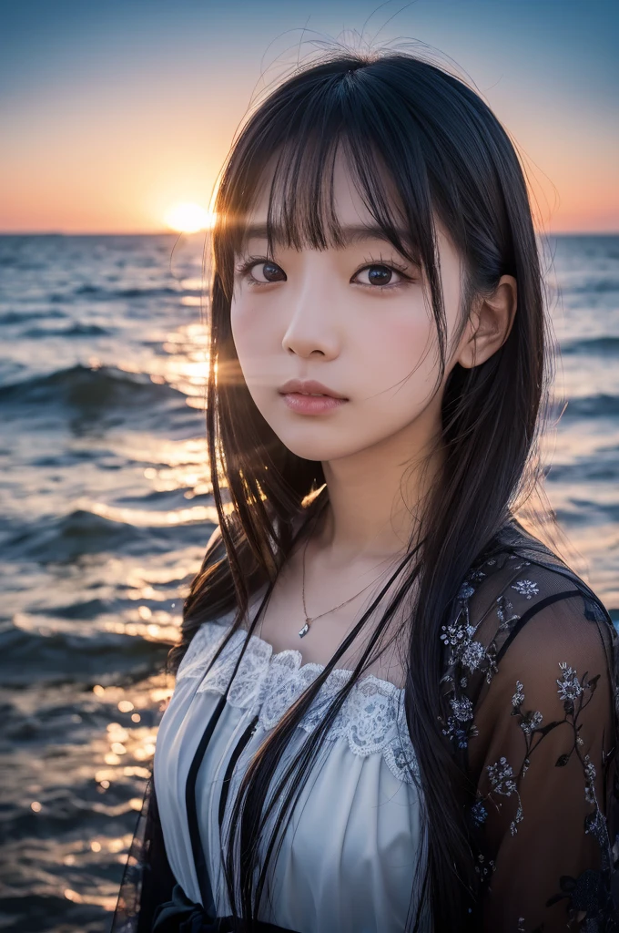 A very cute face like an idol、One 20-year-old woman with a youthful appearance、Looking into the distance、(Cleavage)、((Beautiful starry sky on the beach at night))、(((F/1.0mm, fujifilm G FUX50R, In Reg)))、((Very dim lighting))、((Long-distance shot))、RAW Photos、Genuine、live-action、(Artistic Expression)、High resolution、masterpiece