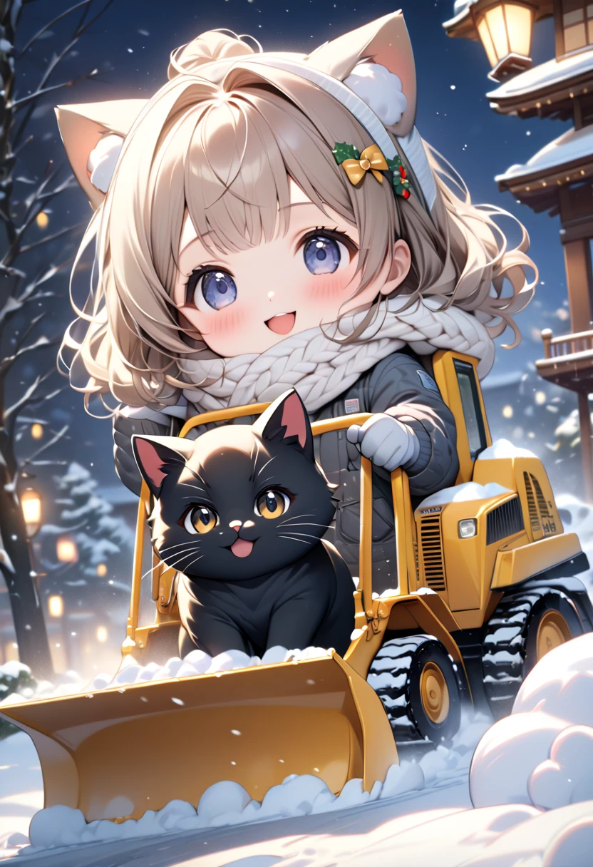 (masterpiece), (ultra-detailed, best quality, clear focus, dramatic scene, cinematic), shadow, (ultra-high resolution, 8k), perfect anatomy, perfect face, (detailed face), (detailed eye), (chibi), cute Japanese chibi girl, famous Japanese chibi idol, very beautiful and cute and cool face, (wearing an cute Winter clothing for bulldozer workers with scarf and gloves:1.2), knit cap, (large breasts), (She drives a miniature bulldozer to remove snow with her cat:1.3), in front of the gorgeous gate of her Japanese home, snow covered, deep snow, stormy, she is showing smile, dynamic angle, (a very cute giant black cat is mewing with her), professional lighting, (detailed very cute fluffy giant black cat:1.3), they looks so happy, happy smile, (gorgeously decorated Christmas tree with shining Christmas lights),