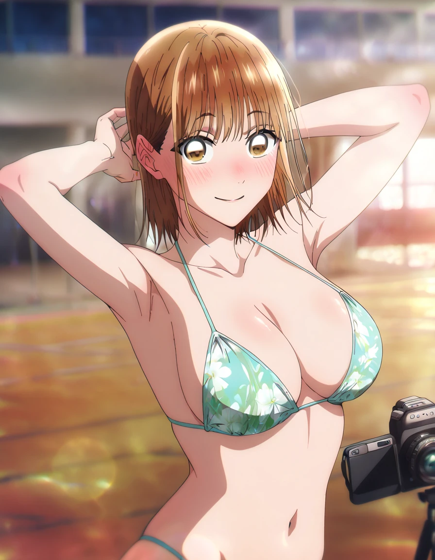   1 girl, Alone, Chinatsu,   Blurry Background,   brown eyes、 Naked 、 medium boobs、   big areolas supporting breasts、 Armpits、 small 、belly button、smile、looking at viewer, masterpiece,  top quality,   High Quality ,     very aesthetic  ,   absurd、(  Hands up、Bikini、Many blushing boys、 troubled face、sea、Have arms)、  sweated、(((guys with cameras 、many blushing bald men)))、