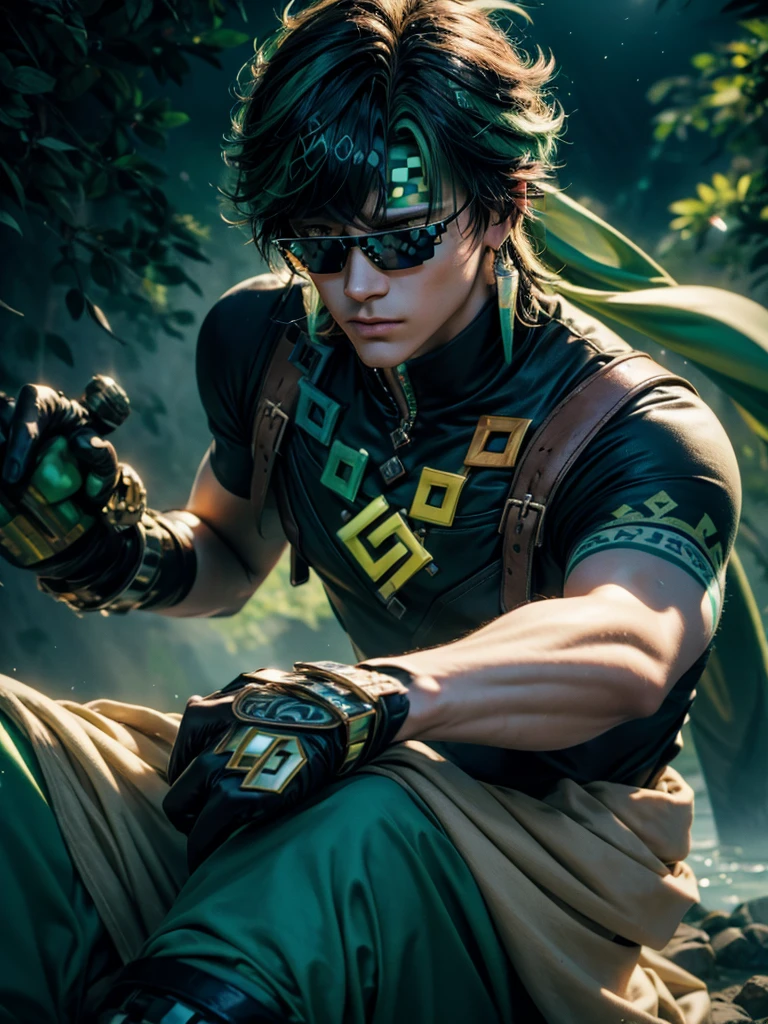 A adult man in realistic portrait of high quality and detail, mexican man, 20yo, Kinich (Genshin Impact), he's wearing a pixel sunglasses, Deal with it Meme lora, Light tanned skin. Greenish-yellow eyes. Disheveled blue-black hair with green streaks. The left hand with a tattoo in green ink. Decorated black gloves on both hands. A green bandana on the head with two white feathers with yellow and green tips tucked in the back. A jumper tied around the waist. Long white-lime-green earrings in each ear. Loose baggy green trousers with blue and orange inserts. Black boots with green, blue and gold inserts. athletic body, Movie style, light atmosphere, happy smiling, glow, eye shadow, 1man, Depth & Perspective, fine face, He sitting on the stone coach, outdoors, waterfall on background, day time, looking at viewer, (ultra-high detail:1.2), Masterpiece, Best Quality, Ultra-detailed, Cinematic lighting, 8K, delicate features, cinematic, 35 mm lens, f/1.9, highlight lighting, global lighting –uplight –v 4, cinematic, Cinematic lighting, 8K, high quality, Highest Quality, (Solo Focus), (extremly intricate:1.3), (Realistic), masterful, Analog style, (Film grain:1.5), (cold tone)