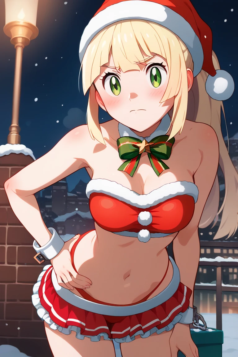 Lilie,megami magazine,long hair,blonde hair,ponytail,hair between eyes,blunt bangs,green eyes,medium breasts,
((santa,(santa swimwear:1.3),red swimwear,(zettai ryouiki:1.3),navel,frilled skirt,cuffs,santa hat,bow tie)),
1girl,(is embarrassing,big blush,closed mouth:1.0),
((leaning forward,hand on hip:1.2)),
(night city,snow:1.0),clothed