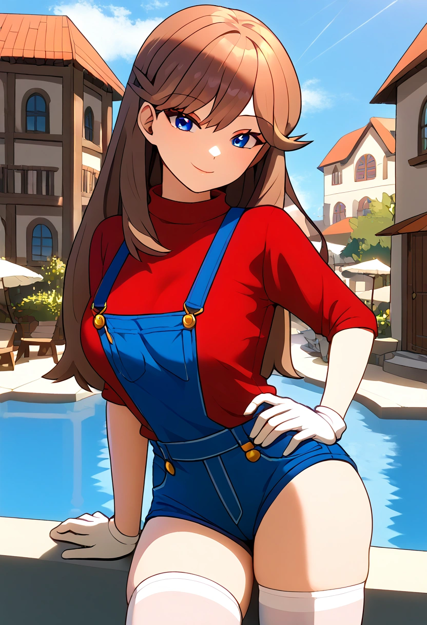  orange brown hair color,  long hair,  blue eyes, red long sleeve shirt , blue shorts overalls,  white knee-high stockings reflective on glass floors,  absolute domain,  Tall,  ANIME COLORING BOOK,  viewers of the pin, 1 Female, Age 18,  standing with different breasts , Three idiot hairs ,  with bangs, whole body, Place one hand on hip,  slim figure,  sexy smile,  Seductive Smile, Ample breasts, orange laces ,  top quality,  Detailed Background , Outdoor, town,  break 1 girl sitting, Alone, (\ Pokémon\),  score_9,  score_8_Excellent,  score_7_Excellent,  score_6_Excellent,  source_Anime,  cell shading ,  Flat Color , vector, Two legs,