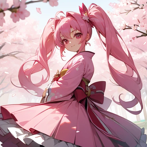  top quality, 8k, masterpiece, ((Humans only)),  face up:1.5,  looking at camera,  1 girl ,  Japanese, smile, Main Characters,  Pretty Cure,  pink hair,  Long Twin Tails,  pink eyes,  eyes like jewels, Pink costume, Kimono style, Lolita Dress skirt, cherry blossoms, warbler,  beautiful, cute