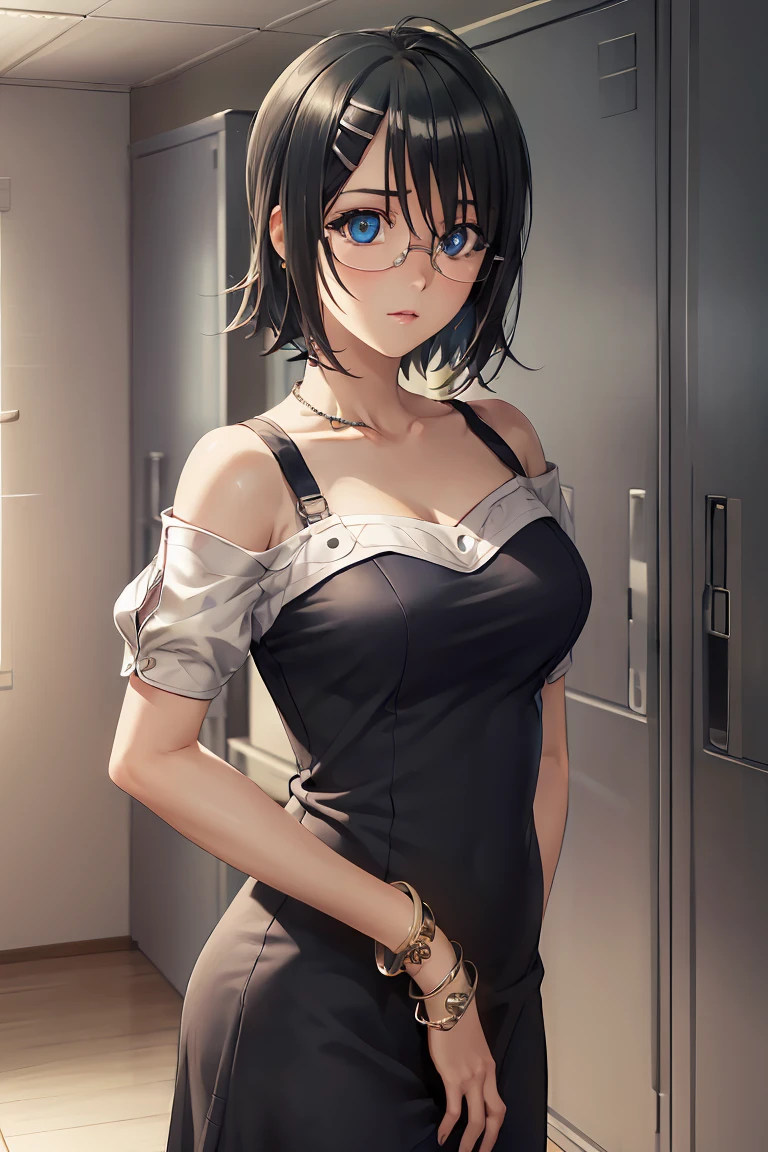 yorihime nao, glasses, hairclip,
BREAK ((bangle, bare shoulders, bracelet, dress, jewelry, short sleeves, shiny clothes:1.5))
BREAK changing room, lockers,
BREAK facing viewer, standing,arms behind back,
BREAK (masterpiece:1.2), best quality, high resolution, unity 8k wallpaper, (illustration:0.8), (beautiful detailed eyes:1.6), extremely detailed face, perfect lighting, extremely detailed CG, (perfect hands, perfect anatomy),