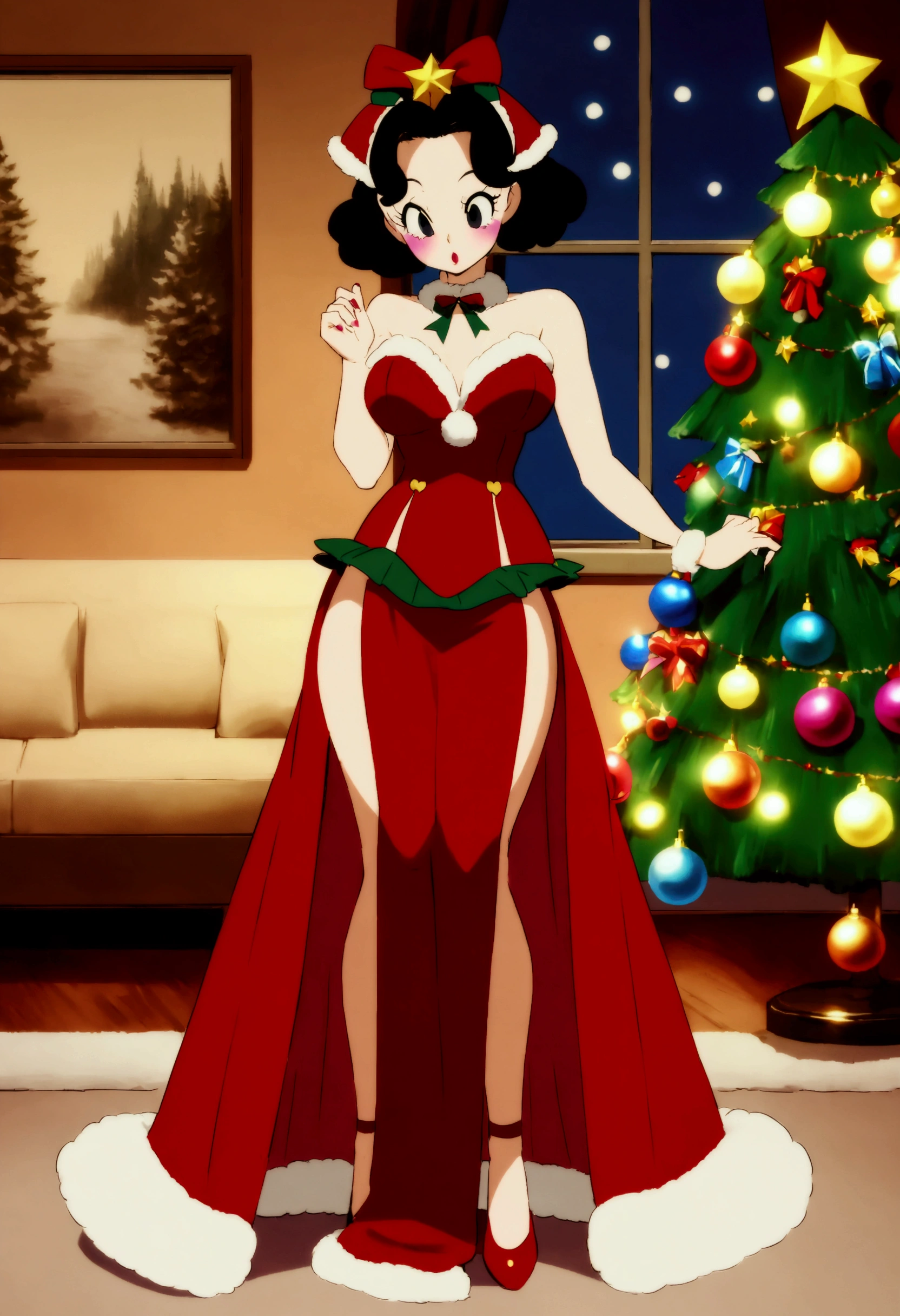 (40s animation, betty boop aesthetic) A cute woman (amazing figure, age 22, deep dark eyes, loud makeup, sexy Christmas outfit) is decorating a Christmas tree with blinking lights and ornaments, sultry, flirt, living room, show her from head to toe, full body shown
