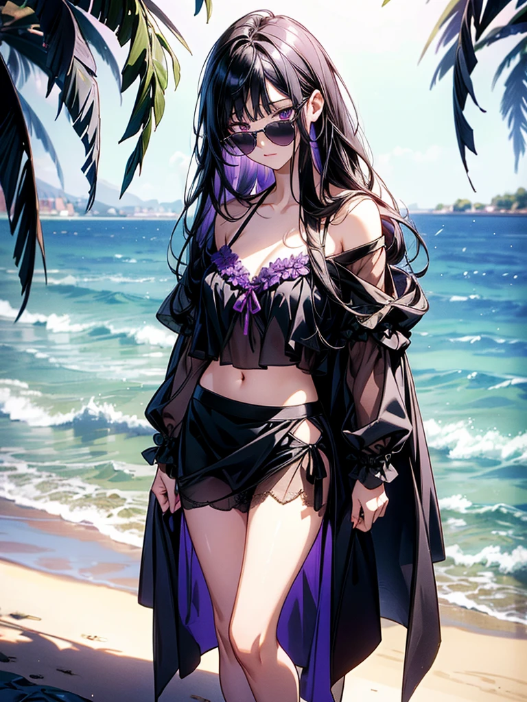 ((Biologically correct limb count)),((Natural finger shape)),((Full Body Shot,Including face)),Standing position,4K,masterpiece,((Focus on the face)),((Symmetrical facial features)),Eye for detailed depiction,Beautiful woman,Great style,Beautiful legs,(Small Ass,Thin thighs),(Patterned black stockings,High heels),Facial details,Small earrings,necklace,Low angle photo,((Black bikini swimsuit)),(((Expression of joy))),(((Beach))),(((Swimming in the sea))),(To the camera),Photograph the side of the body,Dark brown hair、Long Hair,Yellow Eyes,