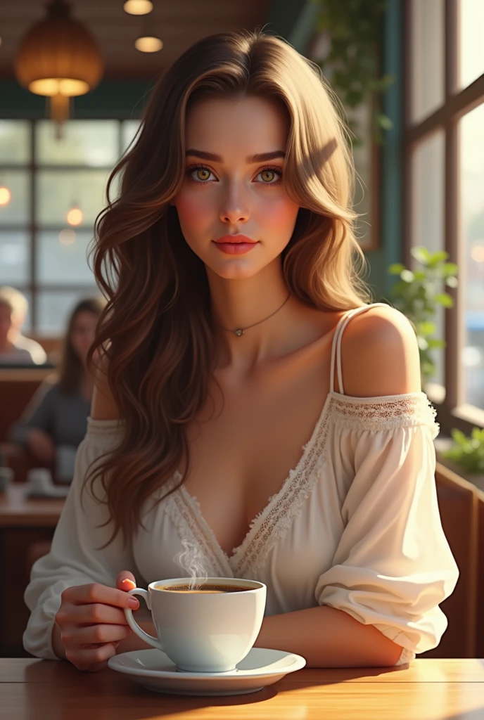 Blonde haired woman holding coffee in a realistic drawing style European American face