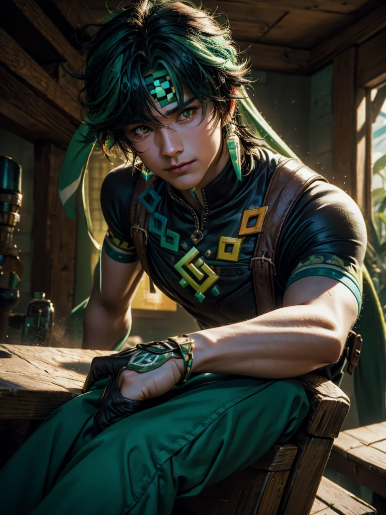 A adult man in realistic portrait of high quality and detail, mexican man, 20yo, Kinich (Genshin Impact), he's wearing a pixel sunglasses, Deal with it Meme lora, Light tanned skin. Greenish-yellow eyes. Disheveled blue-black hair with green streaks. The left hand with a tattoo in green ink. Decorated black gloves on both hands. A green bandana on the head with two white feathers with yellow and green tips tucked in the back. A jumper tied around the waist. Long white-lime-green earrings in each ear. Loose baggy green trousers with blue and orange inserts. Black boots with green, blue and gold inserts. athletic body, Movie style, light atmosphere, happy smiling, glow, eye shadow, 1man, Depth & Perspective, fine face, He is sitting on a wooden chair in a tavern, indoors, tavern on background, day time, looking at viewer, (ultra-high detail:1.2), Masterpiece, Best Quality, Ultra-detailed, Cinematic lighting, 8K, delicate features, cinematic, 35 mm lens, f/1.9, highlight lighting, global lighting –uplight –v 4, cinematic, Cinematic lighting, 8K, high quality, Highest Quality, (Solo Focus), (extremly intricate:1.3), (Realistic), masterful, Analog style, (Film grain:1.5), (cold tone)