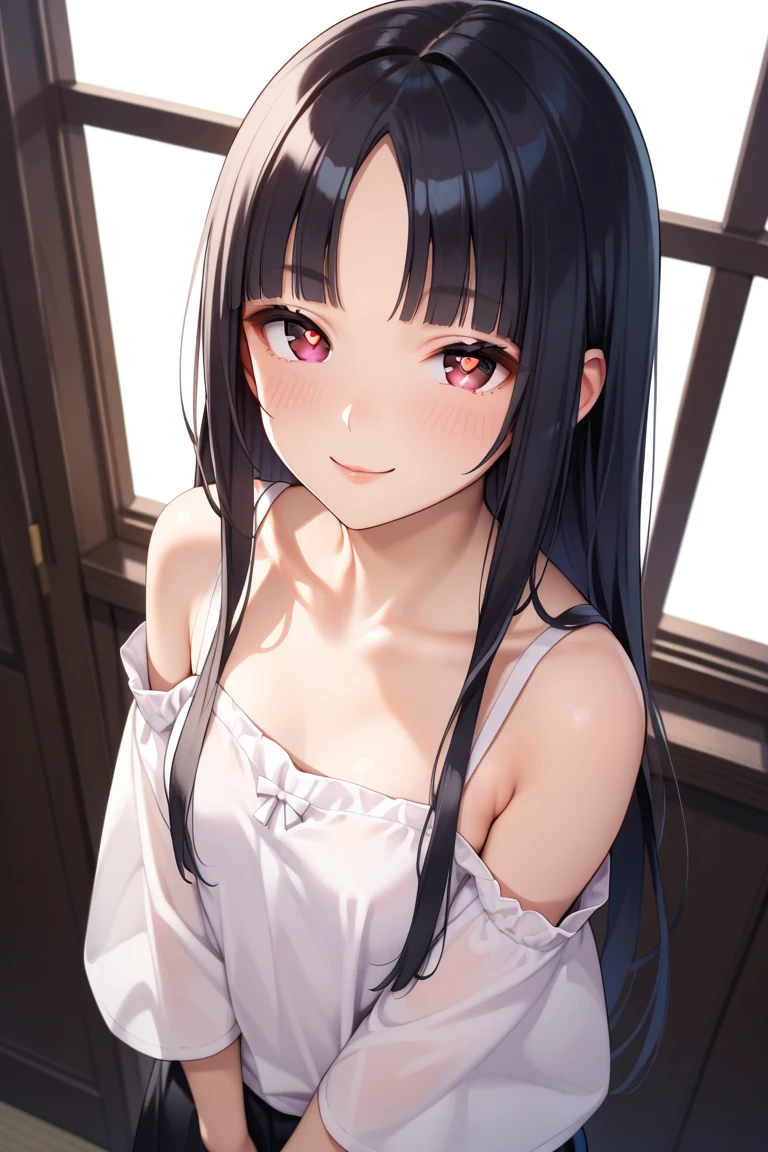 head tilt、big breasts, Upper Body, Realistic, real person, (pale skin: 1.2), RAW photo, photorealistic, shiny skin, shiny hair、(40 year old woman with medium length hair) and (forehead) and (wavy hair) and (black hair) and (red eyes) and (tareme), (white) and (off shoulder blouse) 、smile, The background is the living room at night、Alone、Are standing
