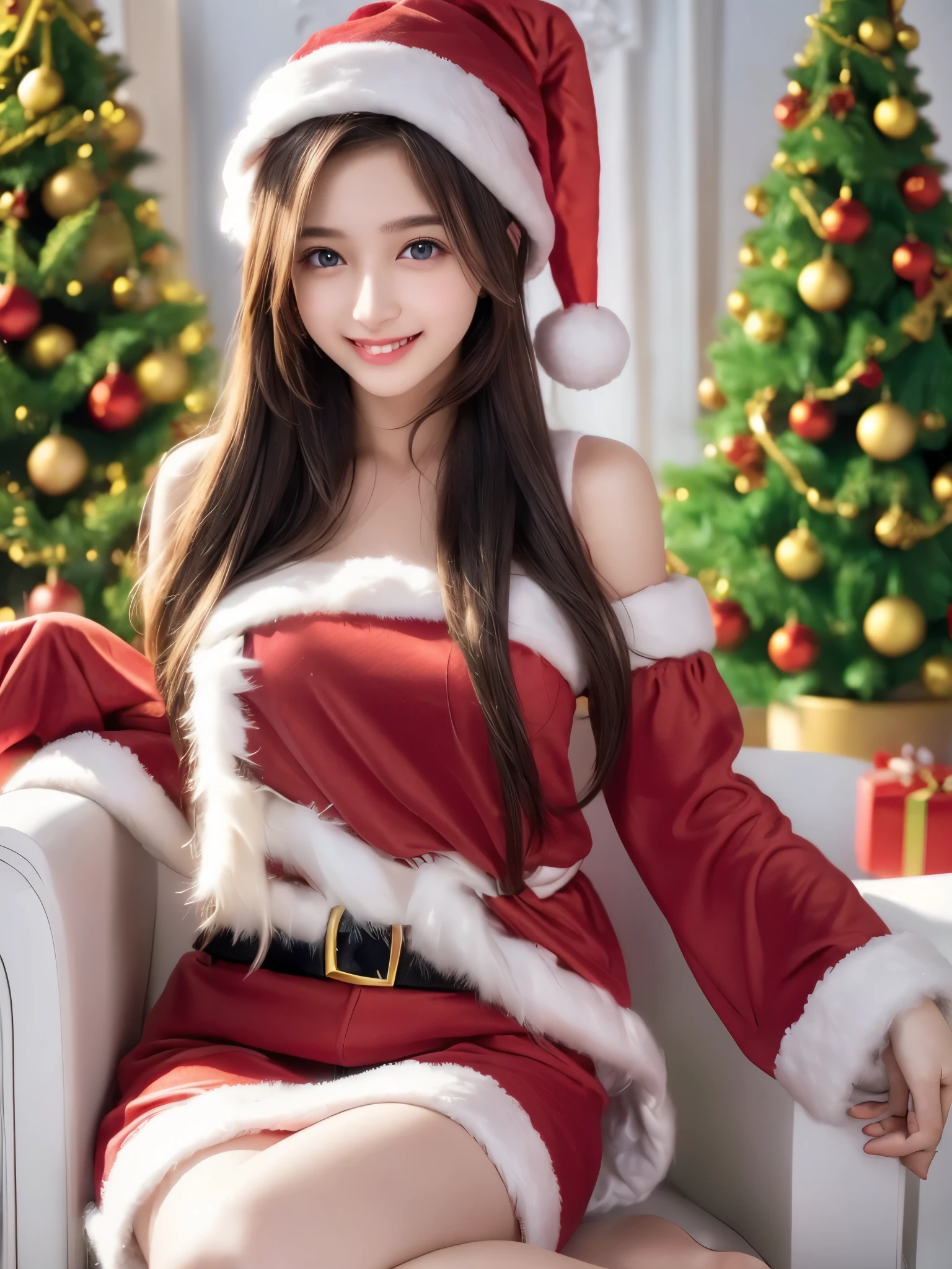 top quality、 super high resolution 、(Photographically: 1.4)、 beautiful eyes、 very beautiful in a chair 、 shiny hair 、Thin hair、 Merry Christmas 、 Christmas tree、smile、(( red Santa Claus costume 、Santa hat、Forehead))