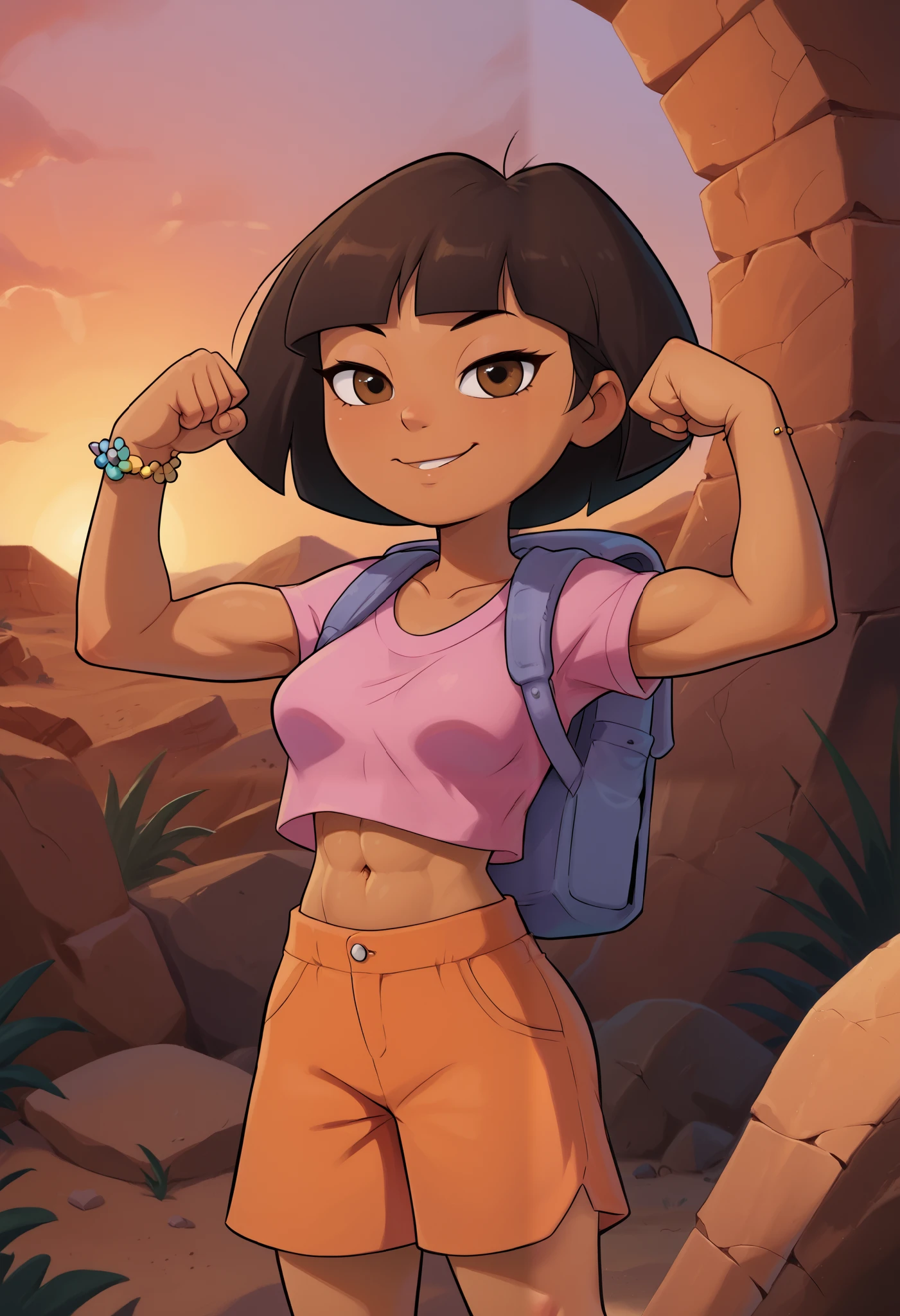  solo, From the front, symmetrical composition, cute, smirking, bedroom eyes, flexing, (skinny arms), one hand on arm, medium breasts, Dora,  brown eyes, sunset, desert ruins, dark-skinned female, bob cut, (pink shirt), crop top, bare midriff, loose shirt, (orange shorts), bracelet, backpack, (slender athletic body),