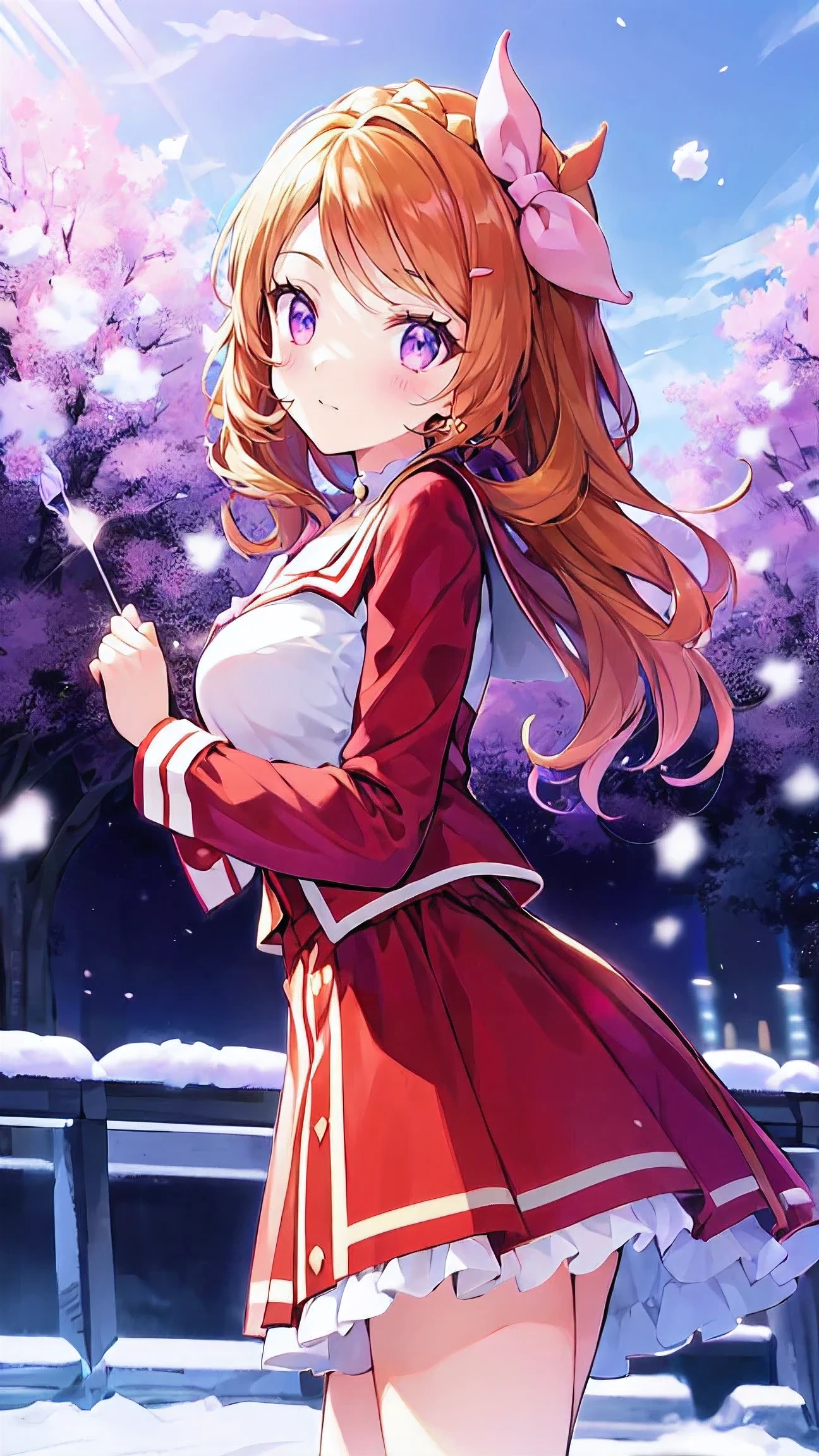  orange hair，One person， pink ribbon，Akari Ozora，((masutepiece)), ((Best Quality)), (Ultra-detailed), anime style ，Idol Academy ，consider，Aikatsu characters， Official Anime Item ， breast size is c cup，With a snowy night in the background，8k，4K，16k， high school idol ，Photo Collection，Face is front，Anime Coloring Book，She is 155 cm tall.， ichigo hoshimiya，Be aware of only the color scheme Giantess ， the best smile I can only show you，A scene from an anime，Natural skin color，Make the outline line natural，Clear Filters ，Clumsy  but hard work ，Workmanship not visible in the illustration，Face only、seed（2350895890）