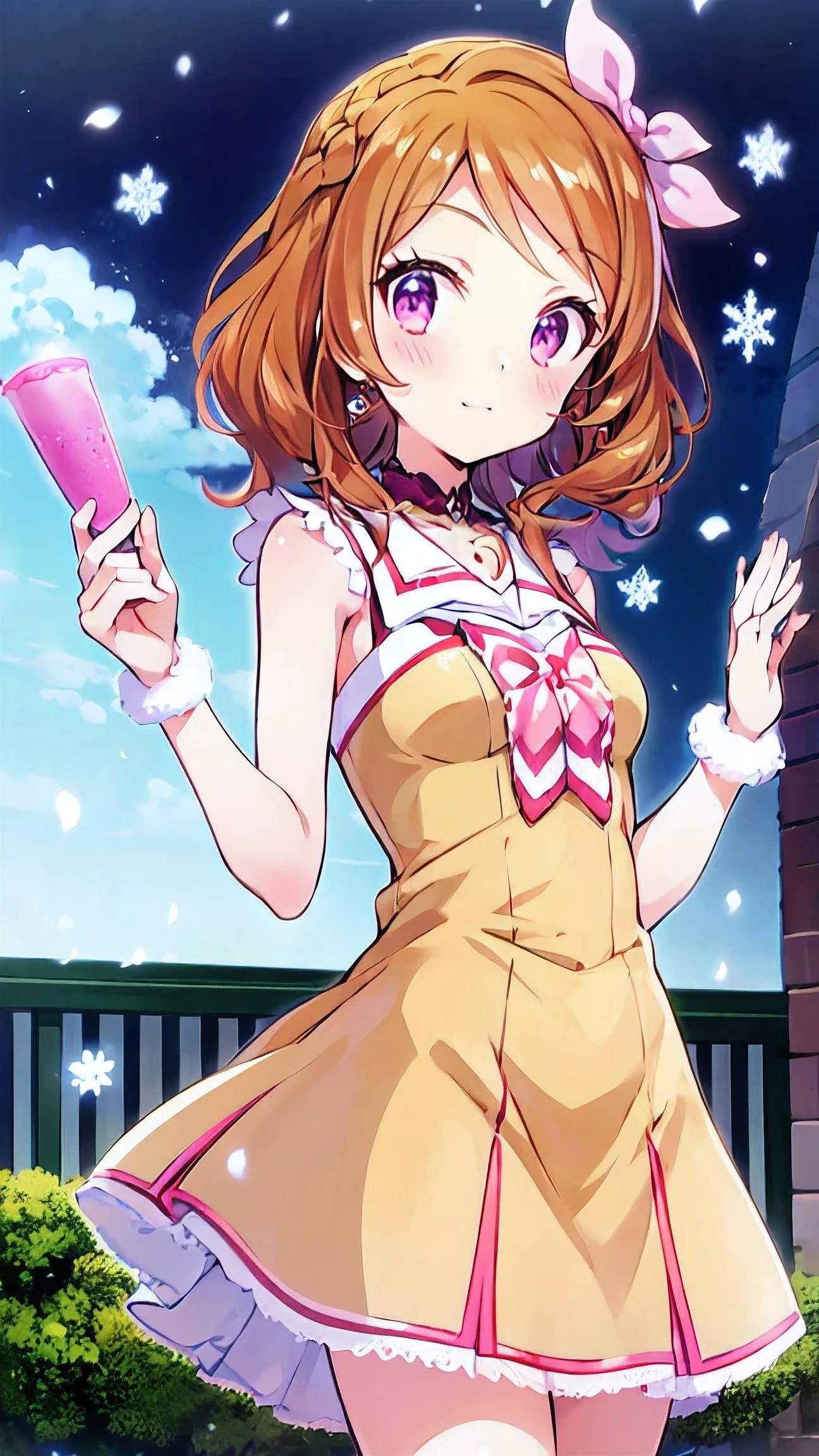  orange hair，One person， pink ribbon，Akari Ozora，((masutepiece)), ((Best Quality)), (Ultra-detailed), anime style ，Idol Academy ，consider，Aikatsu characters， Official Anime Item ， breast size is c cup，With a snowy night in the background，8k，4K，16k， high school idol ，Photo Collection，Face is front，Anime Coloring Book，She is 155 cm tall.， ichigo hoshimiya，Be aware of only the color scheme Giantess ， the best smile I can only show you，A scene from an anime，Natural skin color，Make the outline line natural，Clear Filters ，Clumsy  but hard work ，Workmanship not visible in the illustration，Face only、seed（2350895890）