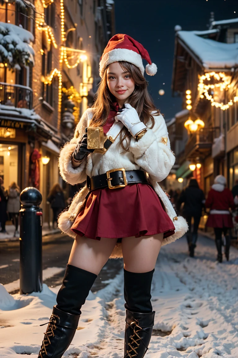 ((Masterpiece, top quality, high resolution, highly detailed CG unified 8K wallpaper)), (huge stunning goddess shot, very hot and sexy, jaw-dropping beauty, perfect proportions, beautiful body, slim body beauty:1.3), (standing with Legs Spread, dynamic composition), Christmas night, (woman in Santa Claus costume, staring at viewer, red coat with white fur trim, red mini skirt with white fur trim, winter gloves, long sleeves, thick black belt, gold buckle, black leather boots, Santa Claus hat:1.3), smiling shyly, (beautiful hands, correct fingers, 4 fingers, 1 thumb), The city at night with snow falling and twinkling illuminations, view from below, 