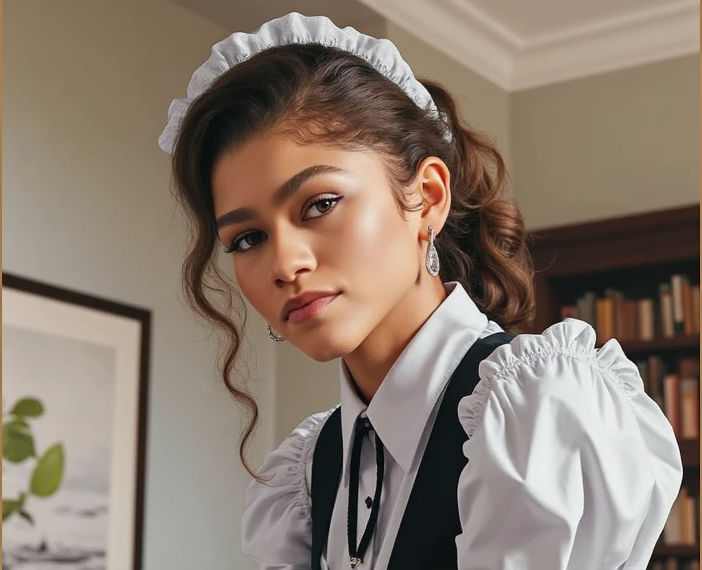 High res waist up portrait photo of a woman directly facing the camera with her hair in a high ponytail . She is not looking at the camera with a slight seductive look. 