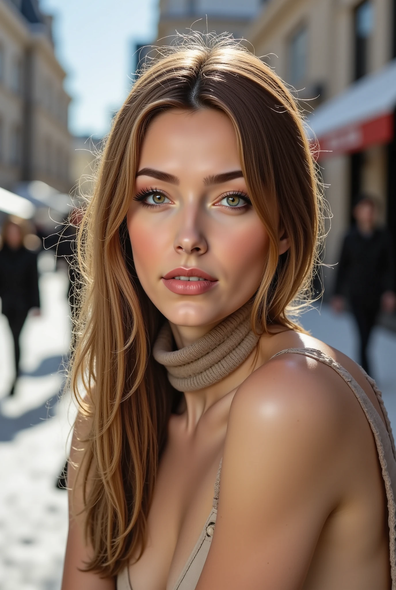 full body, Gaia sexy and very beautiful woman with wide hips and thick thighs (brown:1.2) messy:0.9) hair is totally (naked:1.1) when she does a seductive pose on a snowy street full of people looking at her, sunny day UHD., best possible quality, God rays (volumetric:1.1) light, her (hair:1.1) is (flowing:1.1) in the (wind:1.1) shes got a subtle smile and sexy pose wearing a trench coat and BDSM Collar and a knitted scarf. The scene is shot with (Kodakportra800:1.1) (filmgrain:1.1) (Analogcamera:1.1) (85mm:1.1) (carlzeiss:1.1) (planar@f2:1.1)