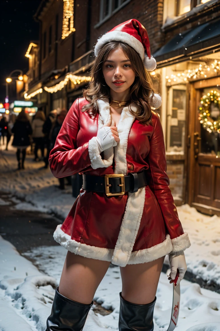 ((Masterpiece, top quality, high resolution, highly detailed CG unified 8K wallpaper)), (huge stunning goddess shot, very hot and sexy, jaw-dropping beauty, perfect proportions, beautiful body, slim body beauty:1.3), (standing with Legs Spread, dynamic composition), Christmas night, (woman in Santa Claus costume, staring at viewer, red coat with white fur trim, red mini skirt with white fur trim, winter gloves, long sleeves, thick black belt, gold buckle, black leather boots, Santa Claus hat:1.3), smiling shyly, (beautiful hands, correct fingers, 4 fingers, 1 thumb), The city at night with snow falling and twinkling illuminations, view from above, 