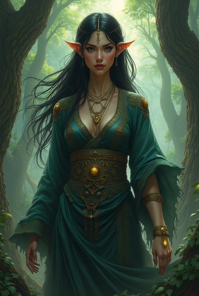 Perfect face, Angelina Jolie is a very beautiful woman, a Viking warrior sitting near a fire at dawn in the middle of a forest on the edge of a stream, the vegetation is green and the lights pass through the leaves of the trees, a soft mist covers the environment, white and gold clothes and black details, Celtic tattoos for the body. Cartoon style, colorful, two-dimensional