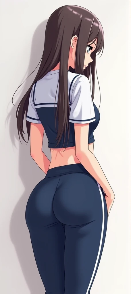 Koyomi Mizuhara, Brown hair, long hair, glasses, face, features, fit body, large breasts, Tight shirt, black Nike biker shorts, socks, sneakers, gym background, view from behind, tight butt cheeks, skin tight, wallpaper,