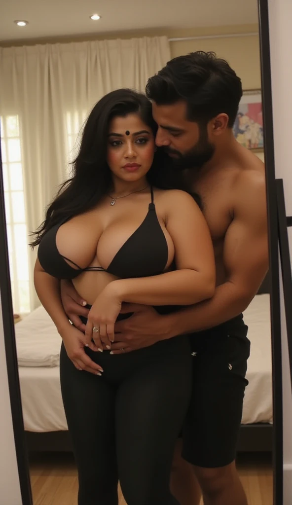 full body, wide shot, 1 Indian girl is 20 years old,(girl all nude, big breasts), long black hair, ((1 Indian man is 30 years old, grey hair)), "young girl and man kissing", young girl kissing man, romantic, natural pose, , girl standing on the floor, girl open legs in an M shape, focus on man, in the room, nude, naked, navel, juicy pussy