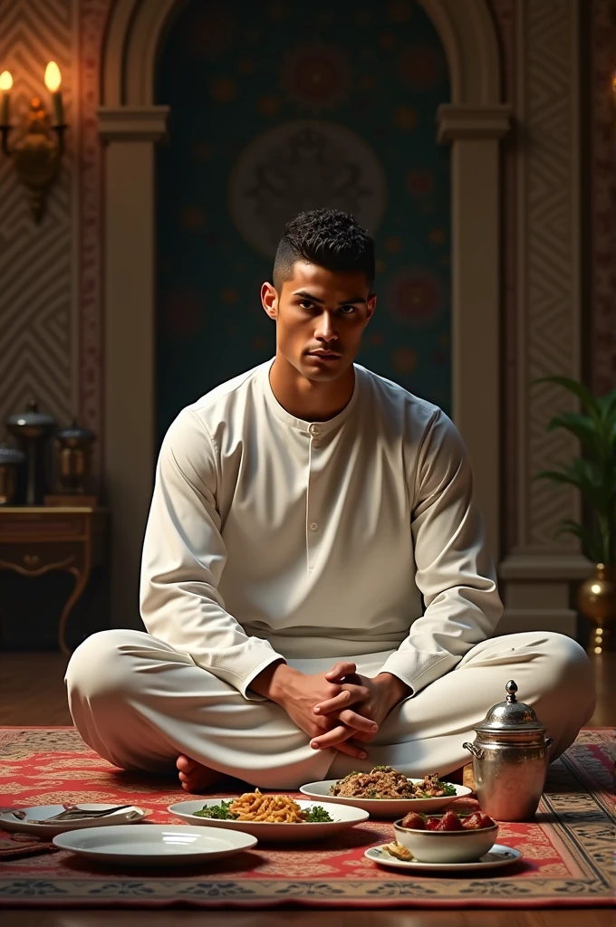 "A high-resolution, lifelike image of a young bald man with a masculine build, wearing a taqiyah, performing a prayer to Allah in the interior of a mosque in America with many people
