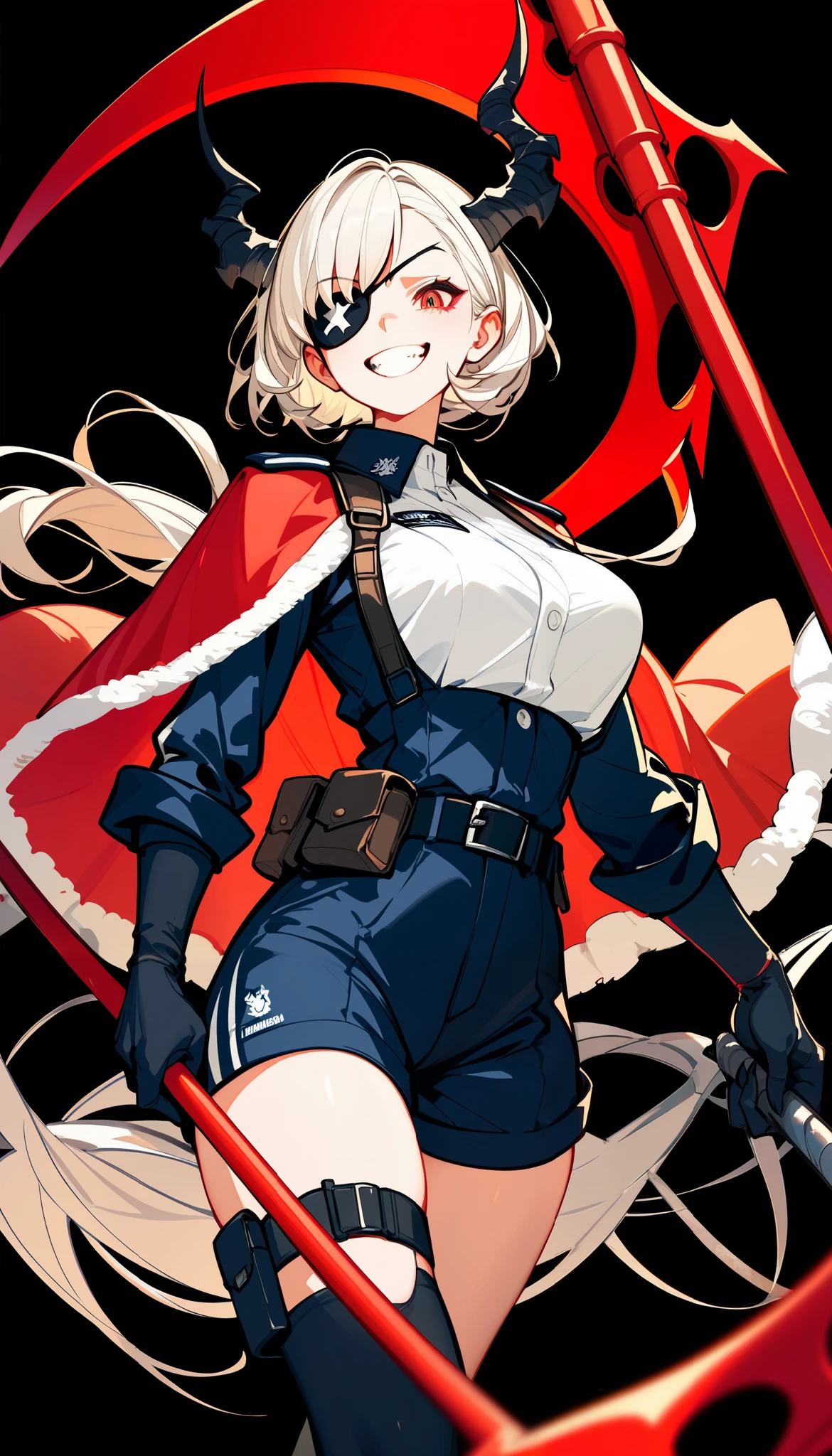 girl in black combat uniform、grin、Girl hunting Santa Claus、Giant Scythe、Grim Reaper&#39;s Scythe、 eye patch、Jet black background、