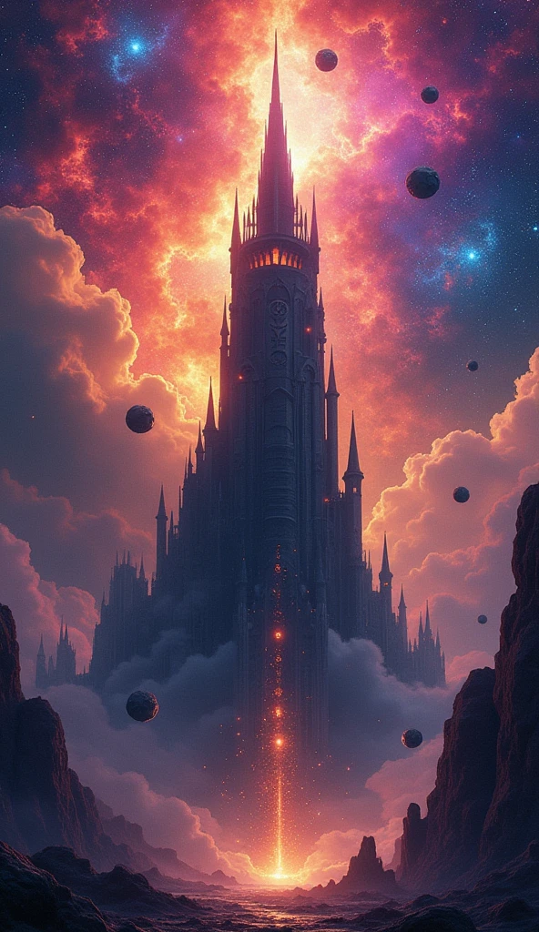 A surreal and vibrant depiction of a dark tower rising ominously into the cosmic sky, surrounded by swirling Galactic Colors and Nebula Colors. The tower is shadowy and gothic, with jagged spires and glowing runes etched into its surface. The background is filled with luminous hues of crimson red, electric blue, deep purple, magenta, and golden yellow, resembling swirling nebula clouds and glowing galaxies. The scene has a sense of wonder and depth, with radiant beams of light cutting through the cosmic mist. Floating asteroids and shimmering stardust add to the ethereal atmosphere, creating a mystical and otherworldly landscape.