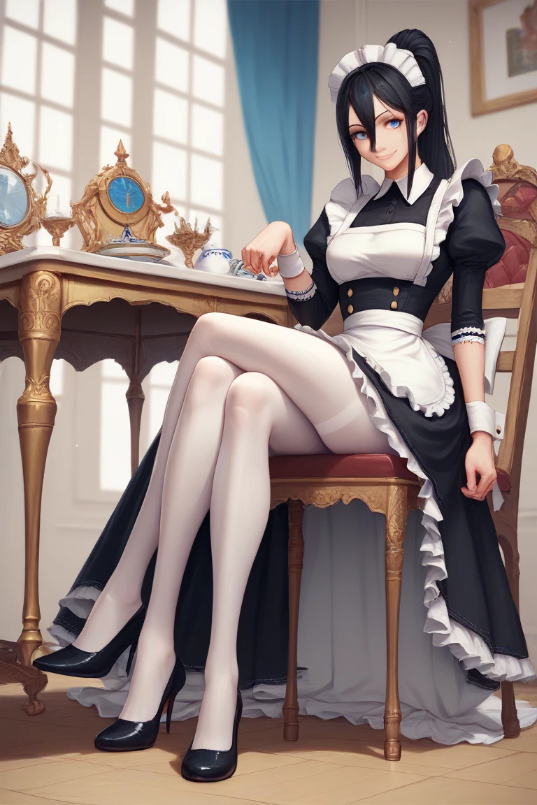 1girl, solo, black hair hair, high ponytail, hair between eyes, blue eyes, smile, tall female, sitting, sitting on object, chair, table, crossed legs, white pantyhose, high heels, maid, enmaided, maid apron, frilled dress, maid headdress, long legs, indoors, (masterpiece:1.2), (best quality:1.2), detailed background, newest, victorian maid