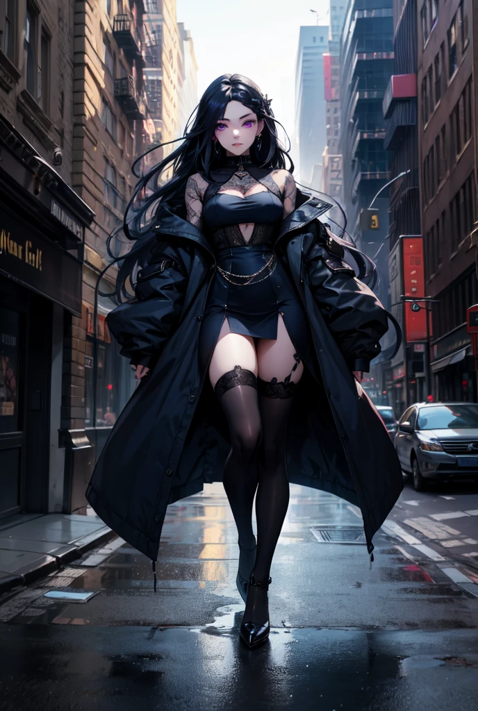 ((full body photo, feet on the ground, straight body)) {Marina:Super Kawaii woman, big breasts}; {black with red props/exhibitionist/extremely tight on body/costume/latex ninja/Batman/Spider-Man}. She is in {a city taken by evil, at night, raining hard, thundering}, Her body and hair {are extremely soaked with water} . She has {hair: very short and slick black, eyes: green, is smiling, looking at the viewer}; Ninja, High detail, anime, 16k, UHD, retina, retina, ccurate, anatomically correct, textured skin, super detail, high quality, award-winning