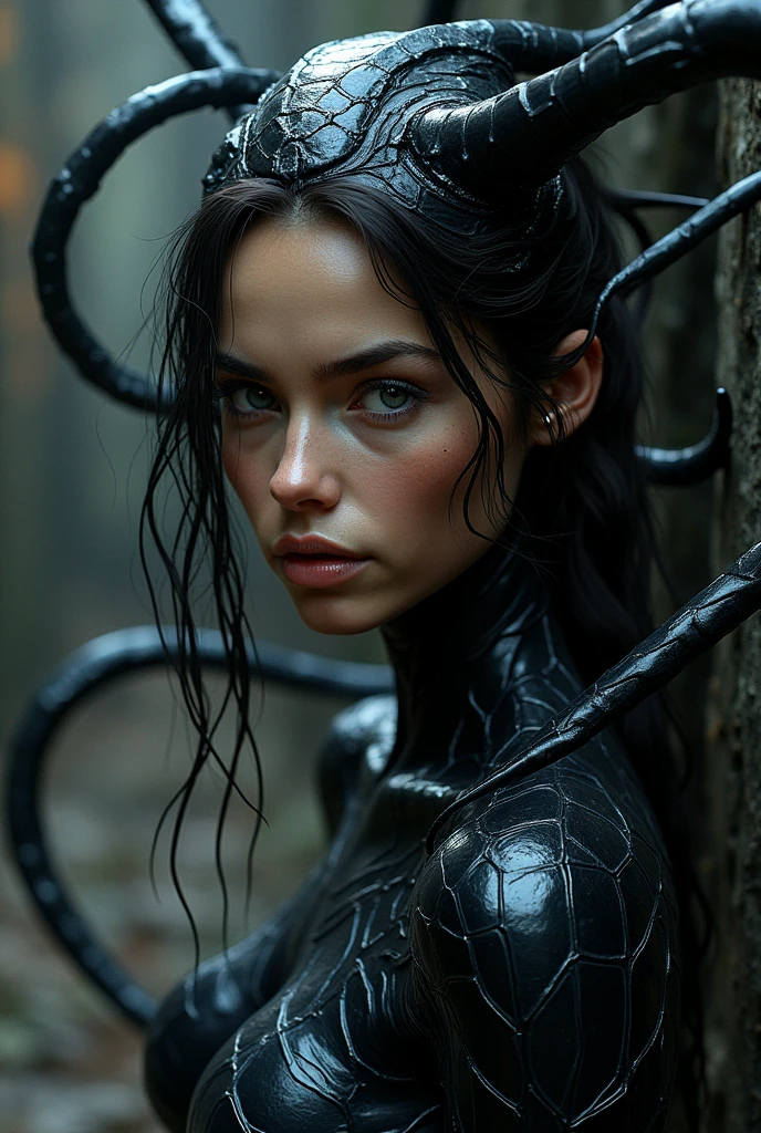 Woman naked in Vitreous transparent gel coat, Highly Detailed Face and Skin Texture, dark curly hair, ((white skin)) big green eyes, slim face, juicy lips, bimbo lips, ((big bimbo puffy breast)), Small nipples, piercing in nipples, ((very curly Black hair)), twin long braids, pale skin, Detailed Eyes, Double Eyelids, cyberpunk gold metal jewelry BDSM, gold metal cyberpunk tapes on body, metal Collar, gold body jewelry, naked, jewelry between her legs, ((wide hips)), wet skin, she is naked, She od wet, transparent substance liquid on her body,Masterpiece,(((Vitreous transparent gel coat))) ((liquid gel coat)),In the jungle ,(pantyless),Photorealistic, high resolution, Detailed, Sharp focus, topless, large breasts, ((naked pussy)), Perfect nipples White skin, she is in Wilde dark jungle with big trees. masterpiece