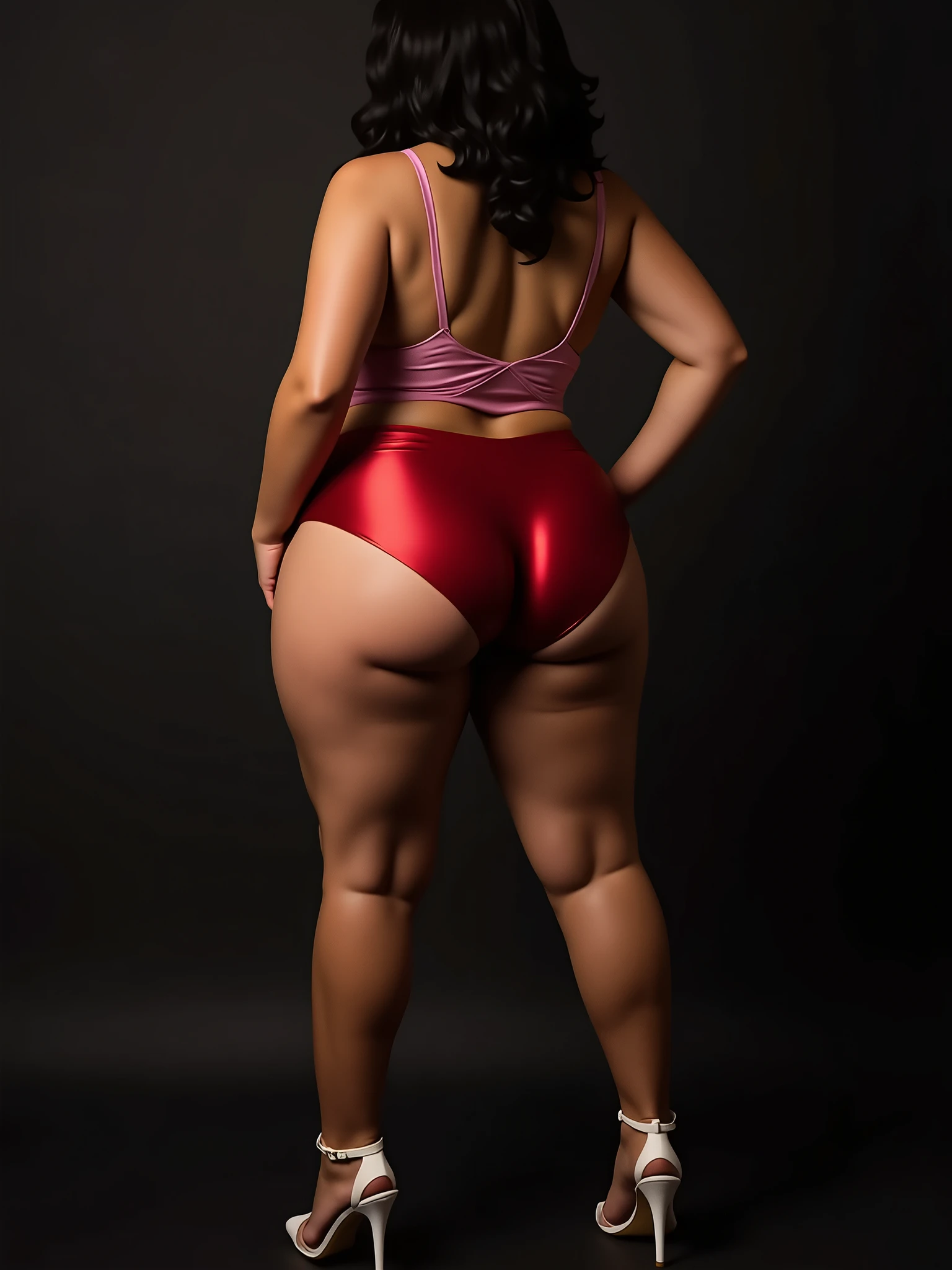 Indian girl in pink bra and red satin panties and white strap heels in a dark background. this is a high-resolution resolution image, BUTTOCKS: (HUMUNGOUS) upward protruding outward overlap cleft overhang