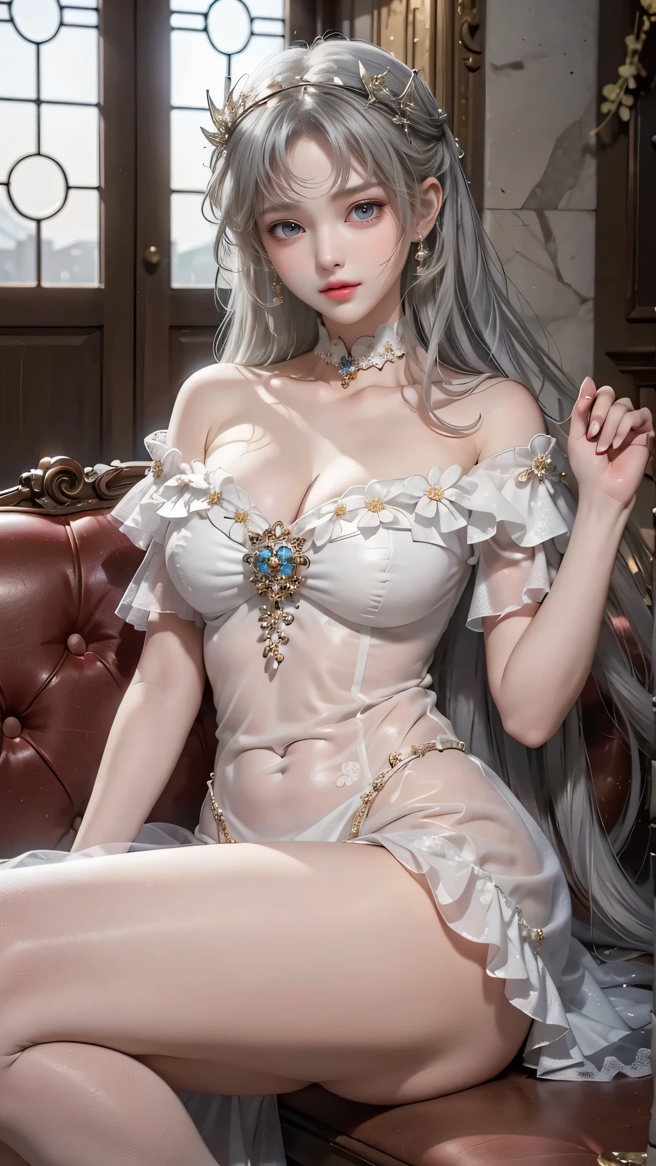 （ girl sitting on the sofa in the castle's large hall）、 beauty、One personの女の子、One person、 long hair、Viewer、smile、 blue eyes、 hair ornament、、gem、Gray Hair、 close your mouth、 dull bangs、Manicure、 bracelet 、lips、 gray eyes、 portrait、Red nails、close、赤いlips、 holding hands on face 、 Place your hand on your cheek、()、(Glowing Skin)、(( European castles are hazy ))、( off-the-shoulder white dress with a floral pattern )、((Girl with legs spread slightly ))、( legs are spread out )、(( white panties are visible ))、