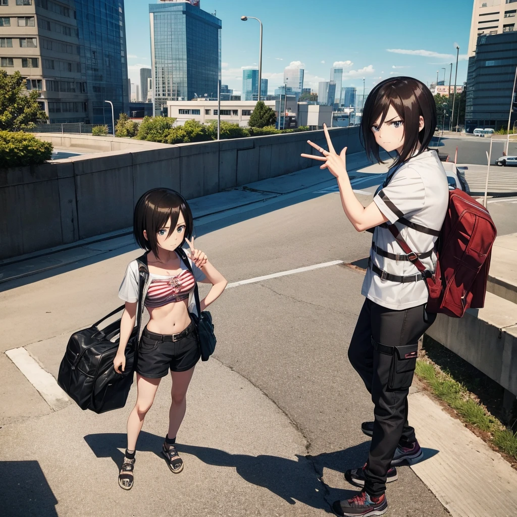 Your influencer character, standing next to Mikasa Ackerman from Attack on Titan. Both are making a victory sign. Detailed anime style with vibrant colors and dynamic perspective.