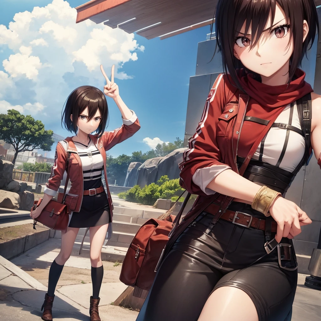 Your influencer character, standing next to Mikasa Ackerman from Attack on Titan. Both are making a victory sign. Detailed anime style with vibrant colors and dynamic perspective.