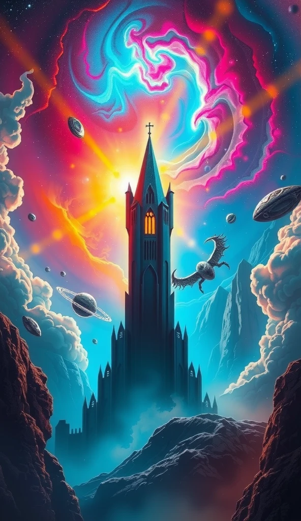 A surreal and vibrant depiction of a dark tower rising ominously into the cosmic sky, surrounded by swirling Galactic Colors and Nebula Colors. The tower is shadowy and gothic, with jagged spires and glowing runes etched into its surface. The background is filled with luminous hues of crimson red, electric blue, deep purple, magenta, and golden yellow, resembling swirling nebula clouds and glowing galaxies. The scene has a sense of wonder and depth, with radiant beams of light cutting through the cosmic mist. Floating asteroids and shimmering stardust add to the ethereal atmosphere, creating a mystical and otherworldly landscape.