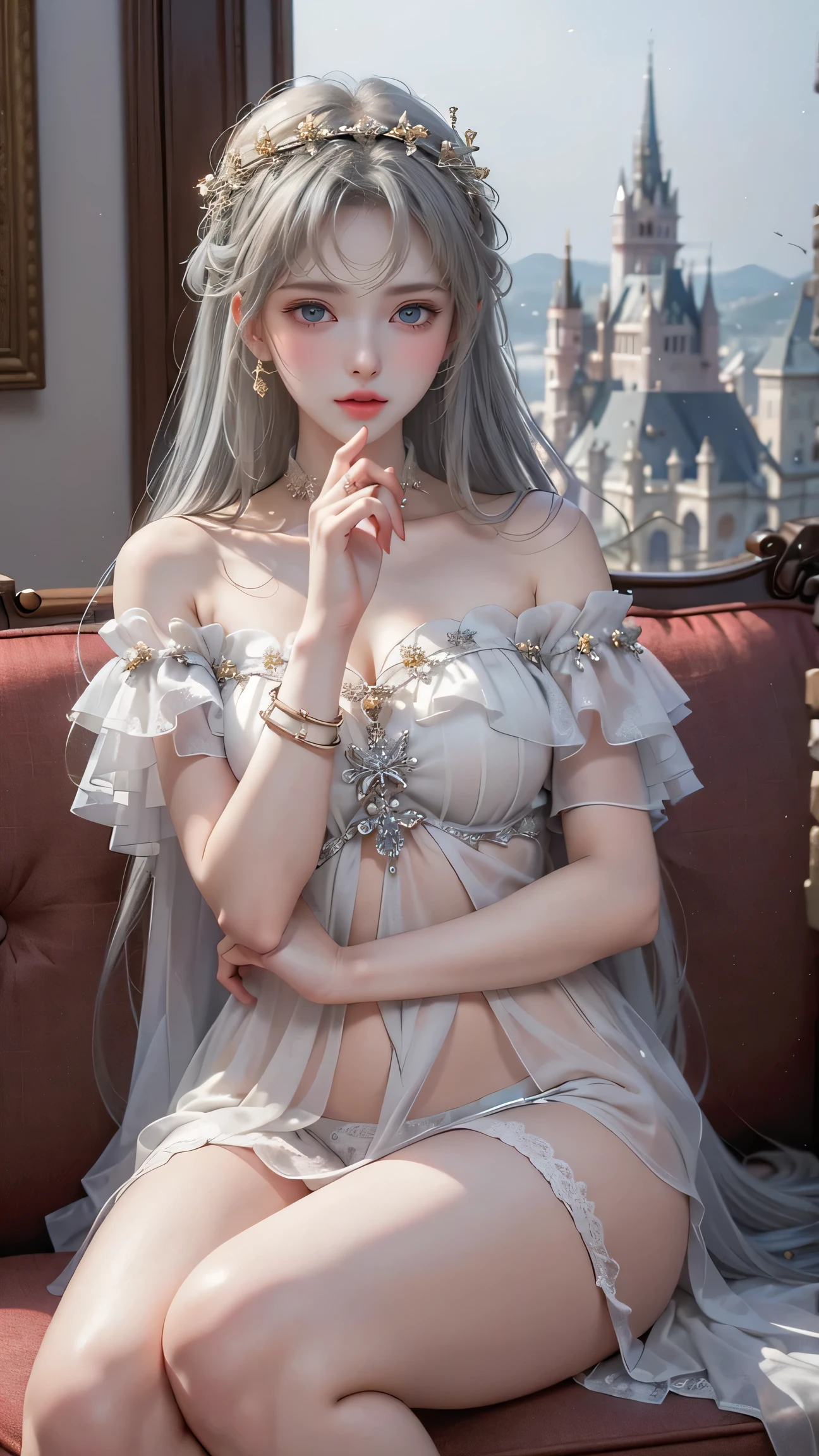 （ girl sitting on the sofa in the castle's large hall）、 beauty、One personの女の子、One person、 long hair、Viewer、smile、 blue eyes、 hair ornament、、gem、Gray Hair、 close your mouth、 dull bangs、Manicure、 bracelet 、lips、 gray eyes、 portrait、Red nails、close、赤いlips、 holding hands on face 、 Place your hand on your cheek、()、(Glowing Skin)、(( European castles are hazy ))、( off-the-shoulder white dress with a floral pattern )、((Girl with legs spread slightly ))、( legs are spread out )、(( white panties are visible ))、