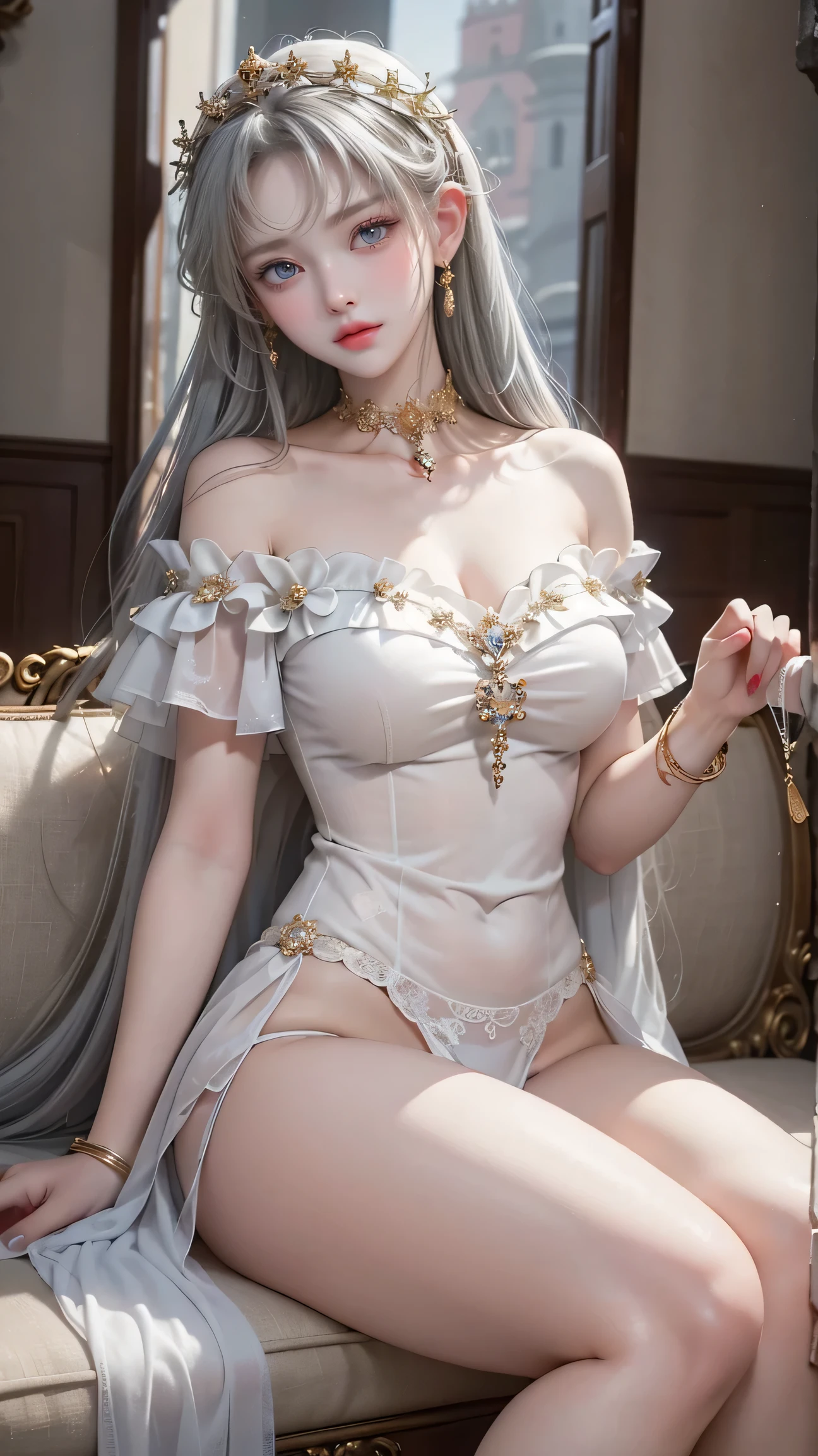 （ girl sitting on the sofa in the castle's large hall）、 beauty、One personの女の子、One person、 long hair、Viewer、smile、 blue eyes、 hair ornament、、gem、Gray Hair、 close your mouth、 dull bangs、Manicure、 bracelet 、lips、 gray eyes、 portrait、Red nails、close、赤いlips、 holding hands on face 、 Place your hand on your cheek、()、(Glowing Skin)、(( European castles are hazy ))、( off-the-shoulder white dress with a floral pattern )、((Girl with legs spread slightly ))、( legs are spread out )、(( white panties are visible ))、