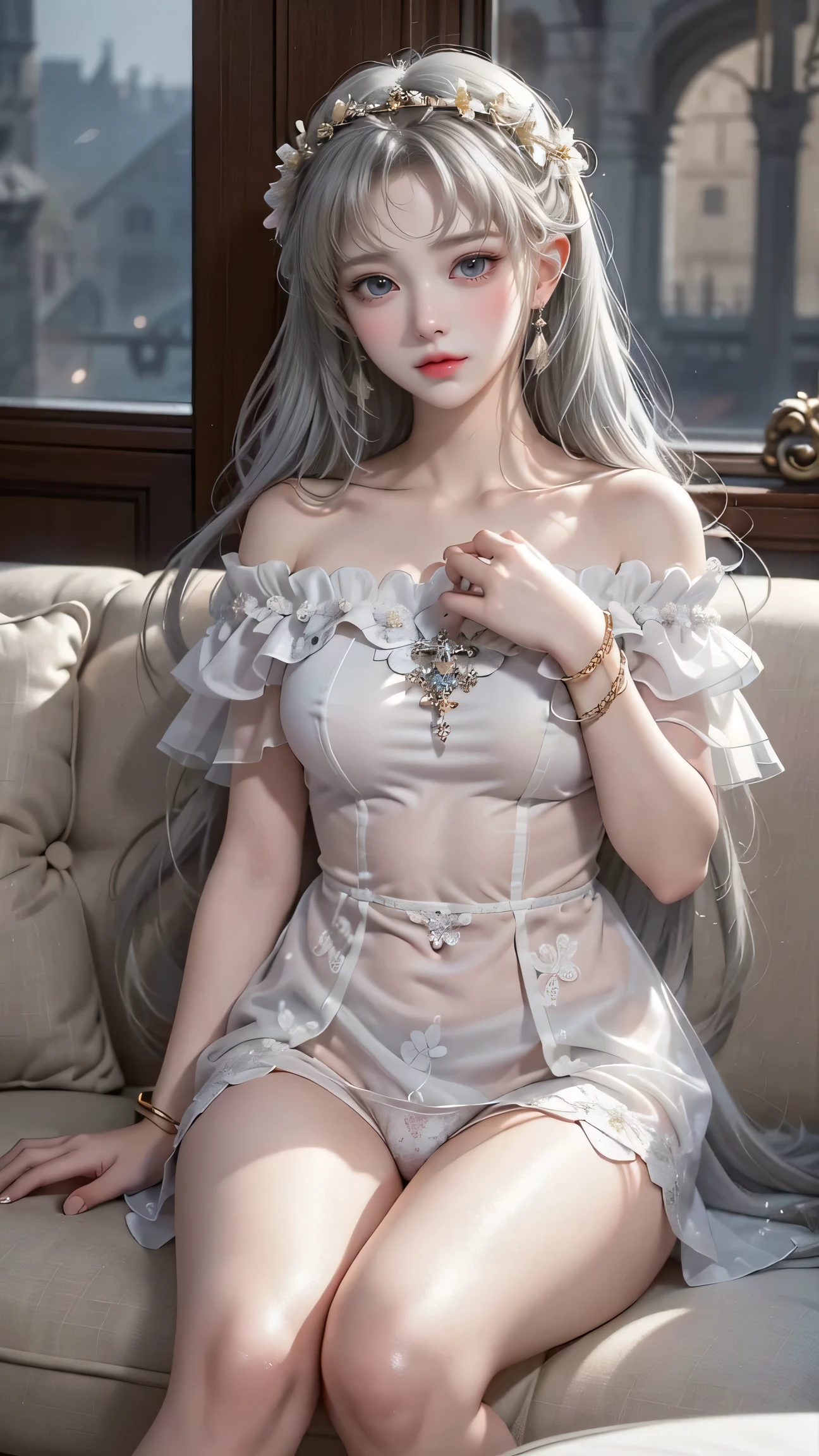 （ girl sitting on the sofa in the castle's large hall）、 beauty、One personの女の子、One person、 long hair、Viewer、smile、 blue eyes、 hair ornament、、gem、Gray Hair、 close your mouth、 dull bangs、Manicure、 bracelet 、lips、 gray eyes、 portrait、Red nails、close、赤いlips、 holding hands on face 、 Place your hand on your cheek、()、(Glowing Skin)、(( European castles are hazy ))、( off-the-shoulder white dress with a floral pattern )、((Girl with legs spread slightly ))、( legs are spread out )、(( white panties are visible ))、